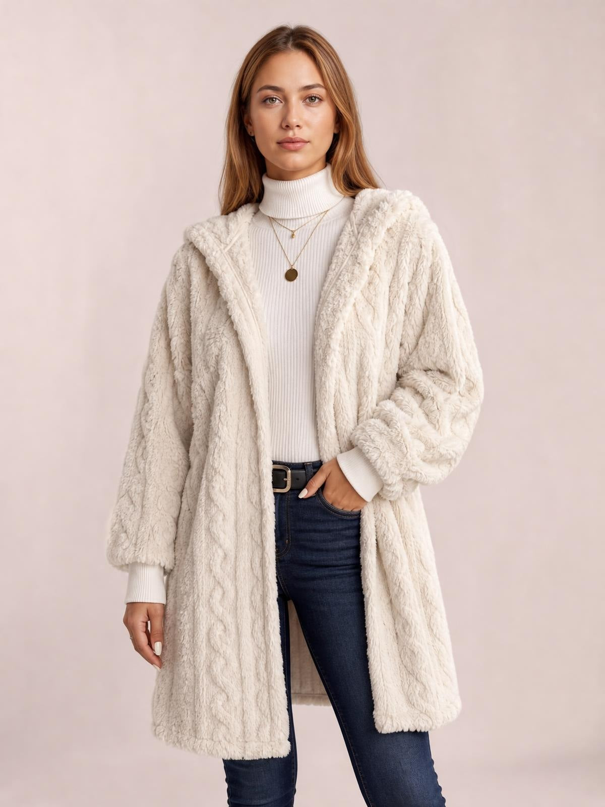 A model wears an ivory fuzzy hooded jacket with long sleeves, an open front, textured construction, and a relaxed longline silhouette.