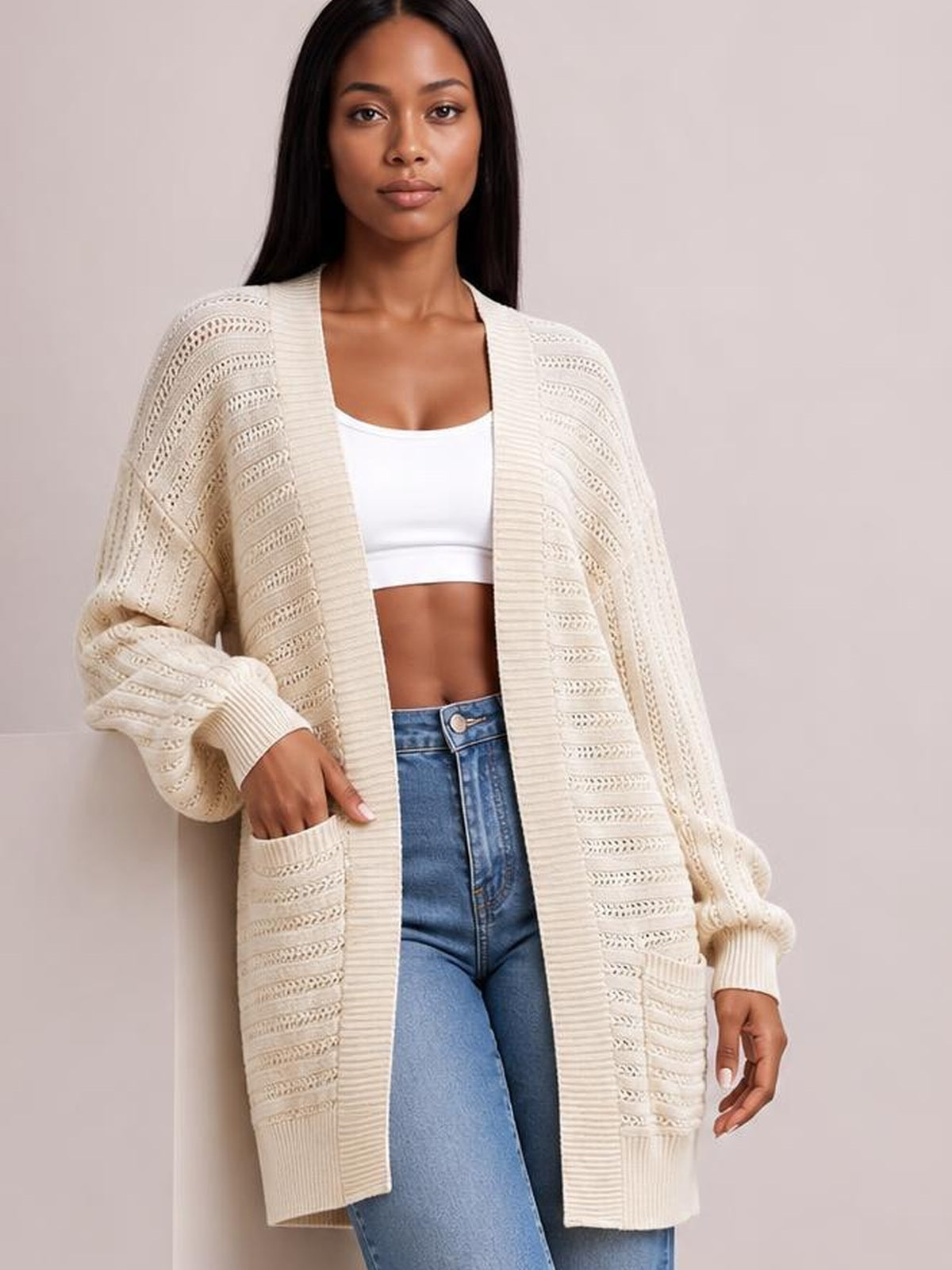 Open Front Sweater Cardigan with Pockets · Rule Full Body - Medium Editorial · Knee / Thigh Up