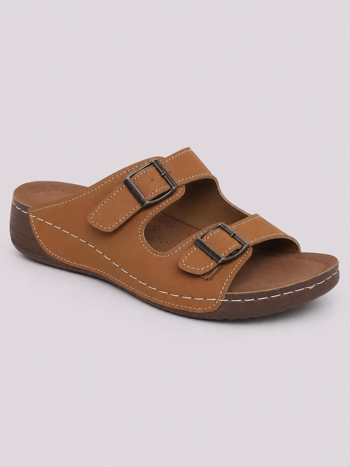 Brown open toe platform sandals with two adjustable buckle straps, contrast stitching, cushioned footbeds, and sturdy flat rubber soles.