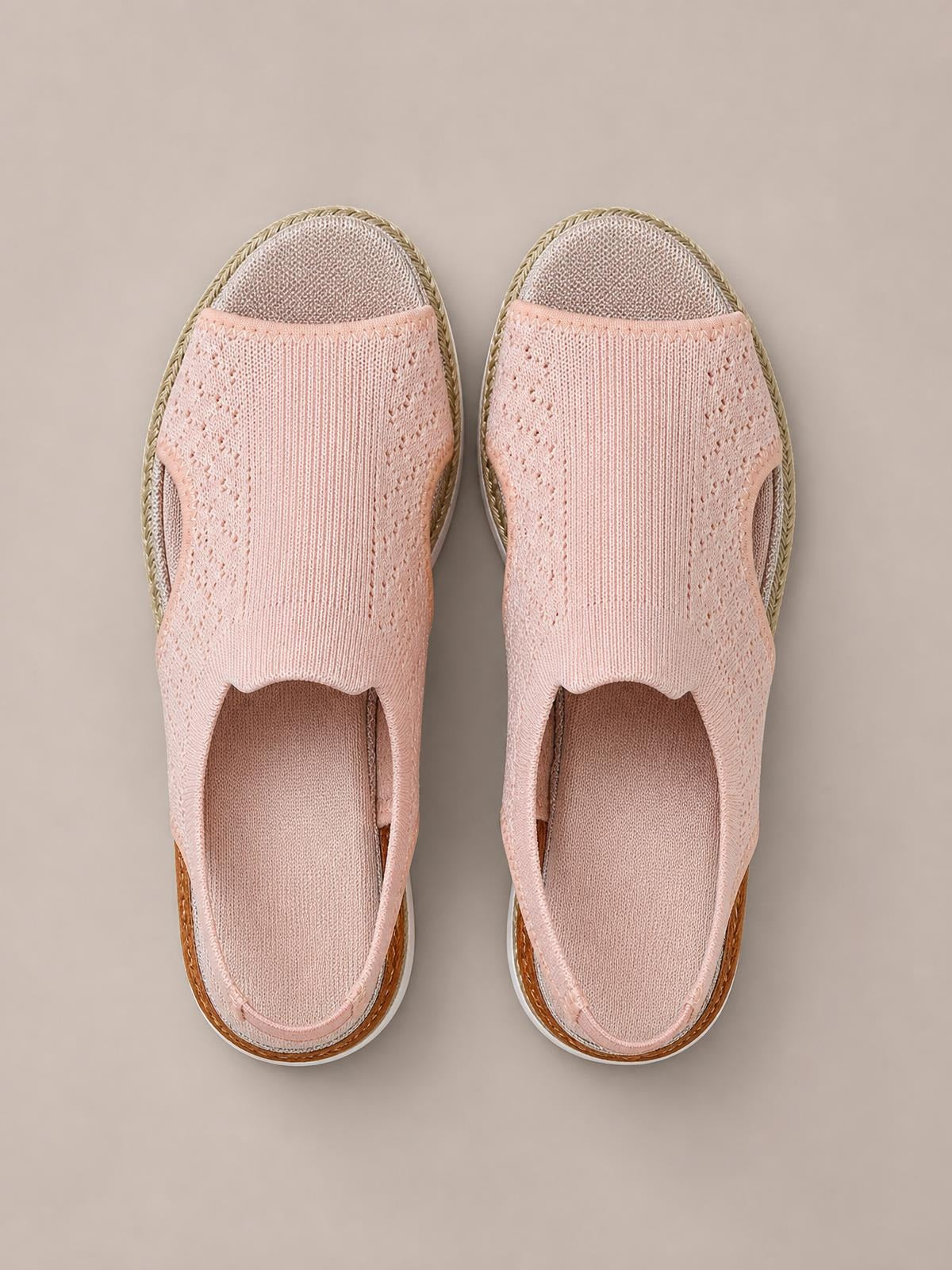 Blush pink mesh and PU leather open-toe platform wedge sandals with a rounded silhouette, stitched panels, and mid-height espadrille-style soles.