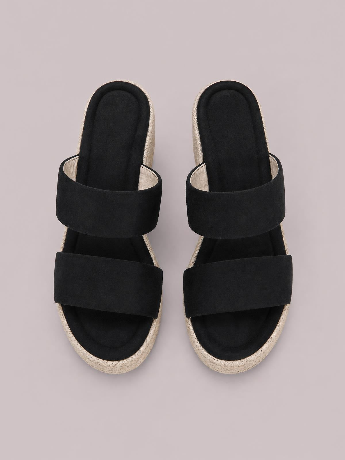 Black open toe platform wedge sandals with two wide suede-look straps, cushioned footbeds, and woven espadrille-style midsoles.