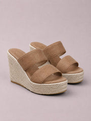 Tan suede open toe platform wedge sandals with wide crossover straps and braided espadrille-style mid heels.