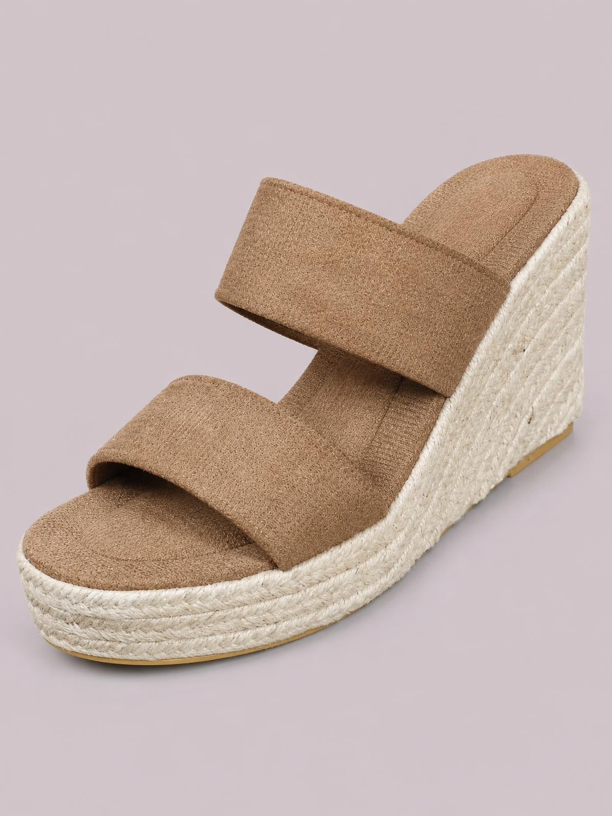 Tan open-toe platform wedge sandals feature two wide suede straps, a cushioned footbed, and a woven espadrille-style mid heel with a sturdy sole.