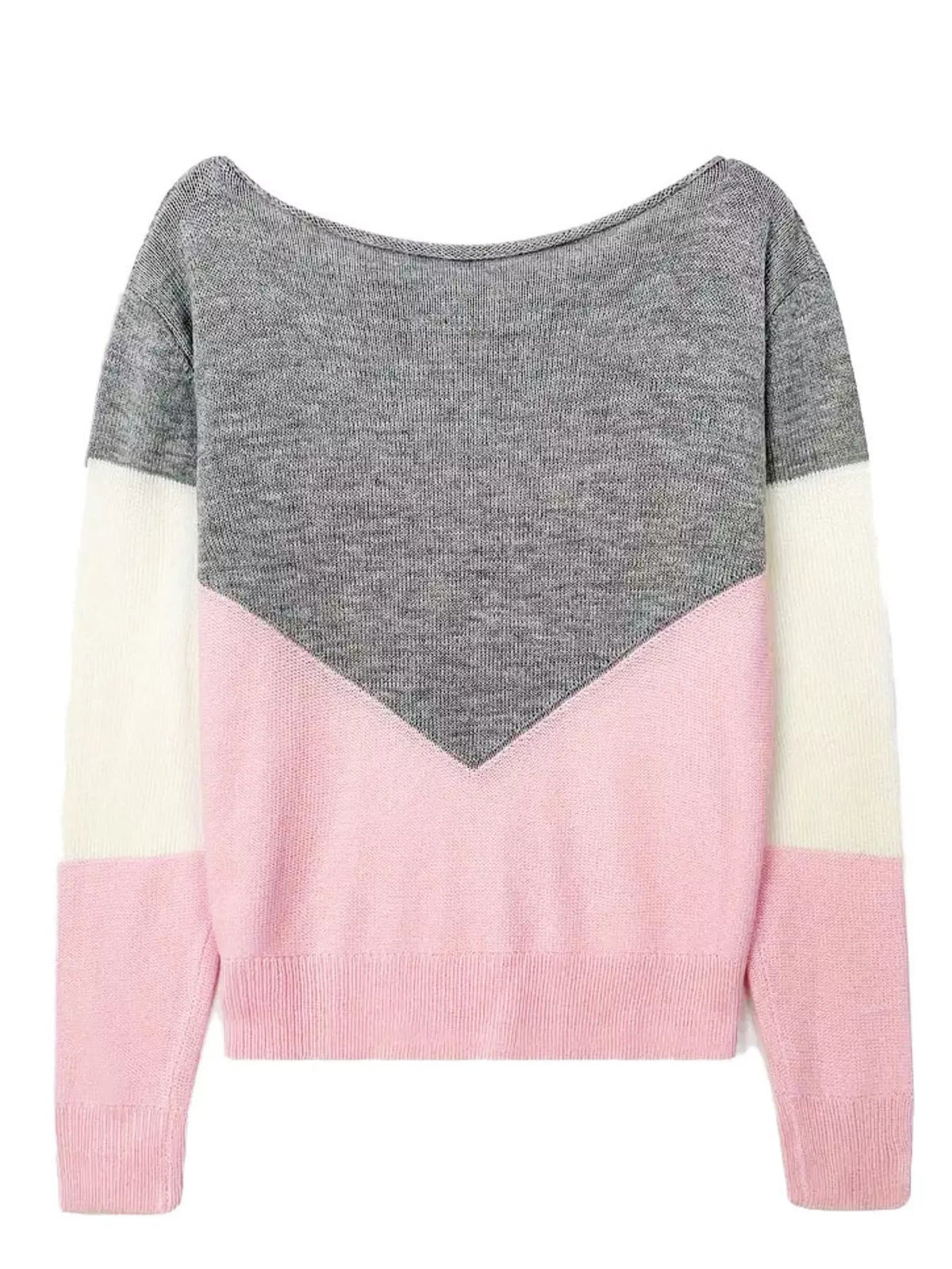 Gray, pink, and cream color-block sweater with long sleeves, a wide neckline, V-shaped front panel, and ribbed cuffs and hem.