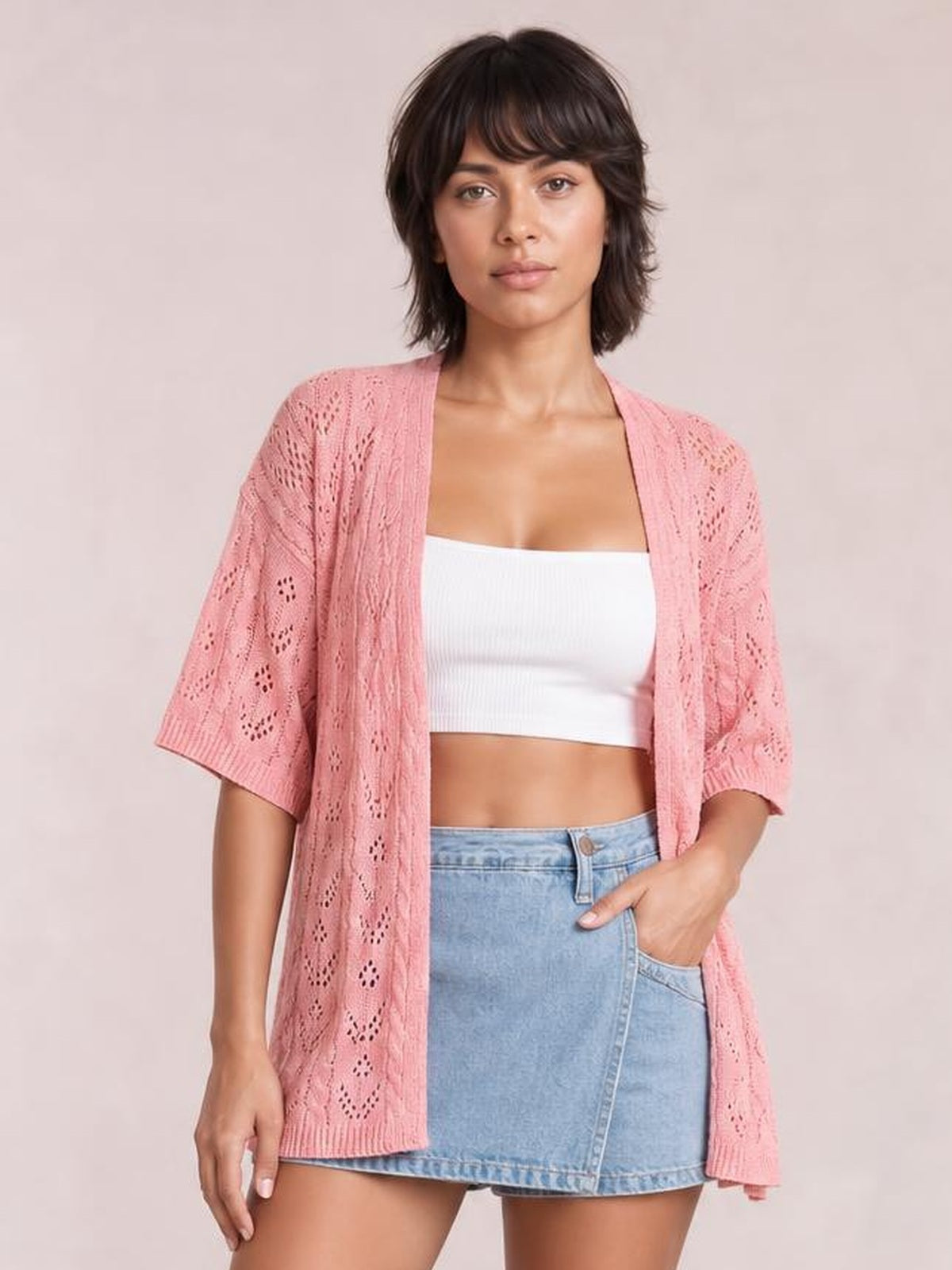 Openwork Open Front Half Sleeve Cardigan · Rule Full Body - Hero Full Body