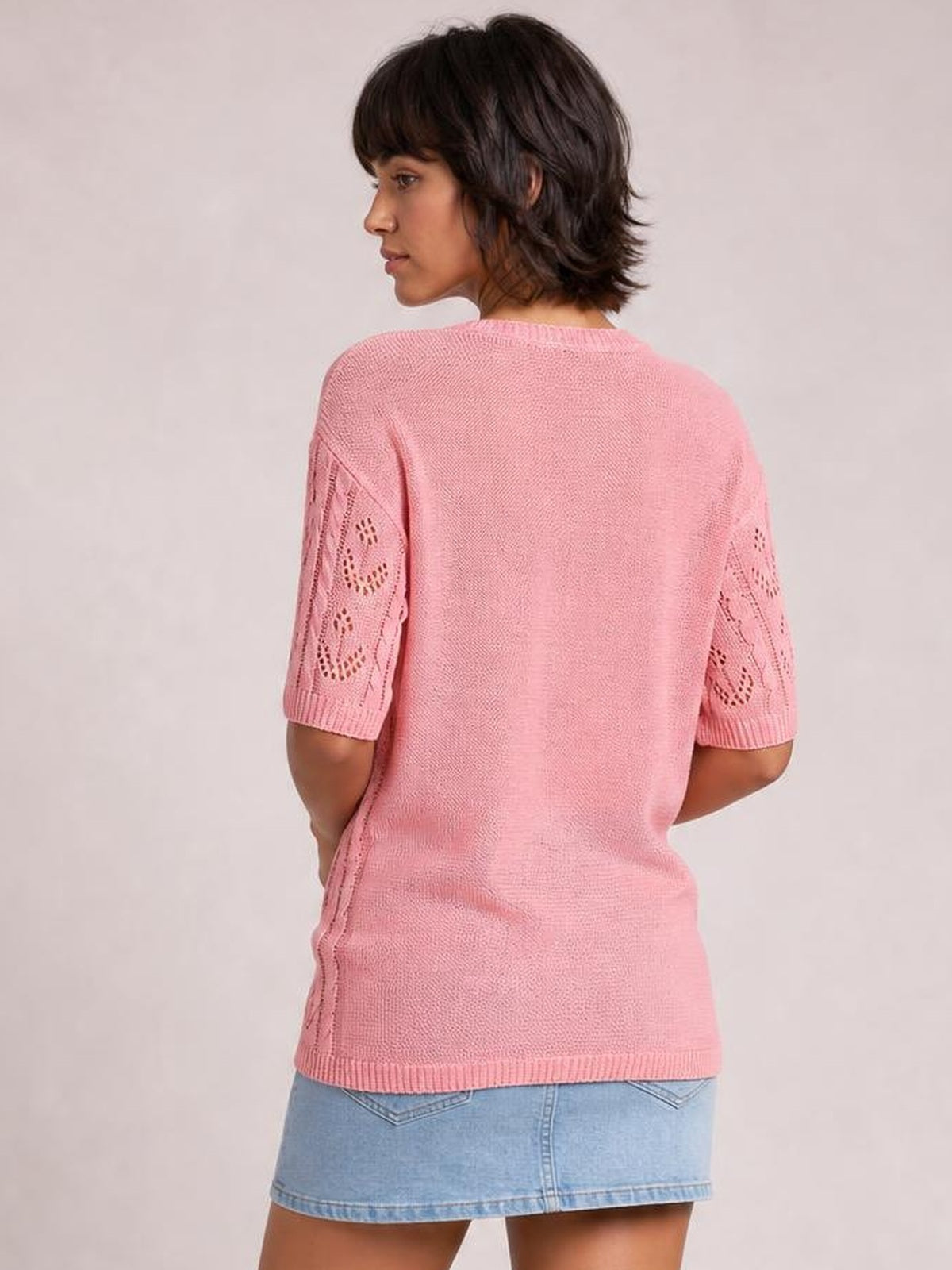 Openwork Open Front Half Sleeve Cardigan · Rule Full Body - Back View