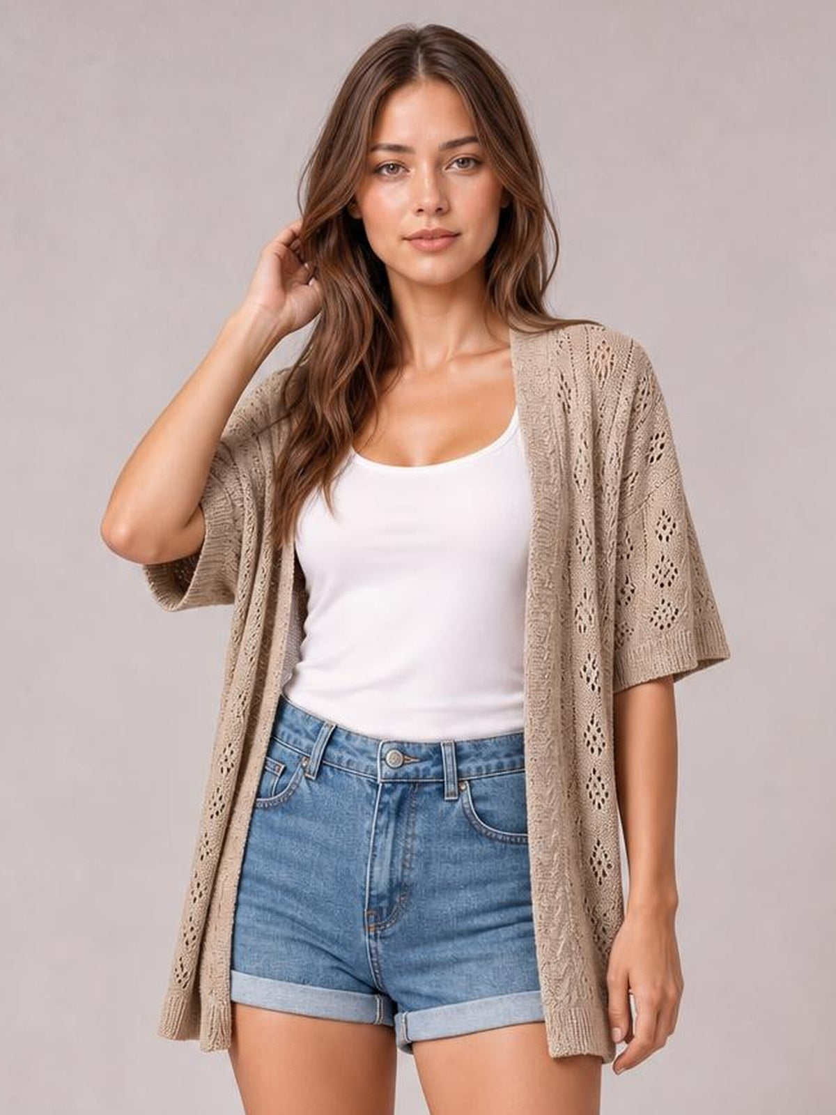 Openwork Open Front Half Sleeve Cardigan · Rule Full Body - Medium / Three-Quarter