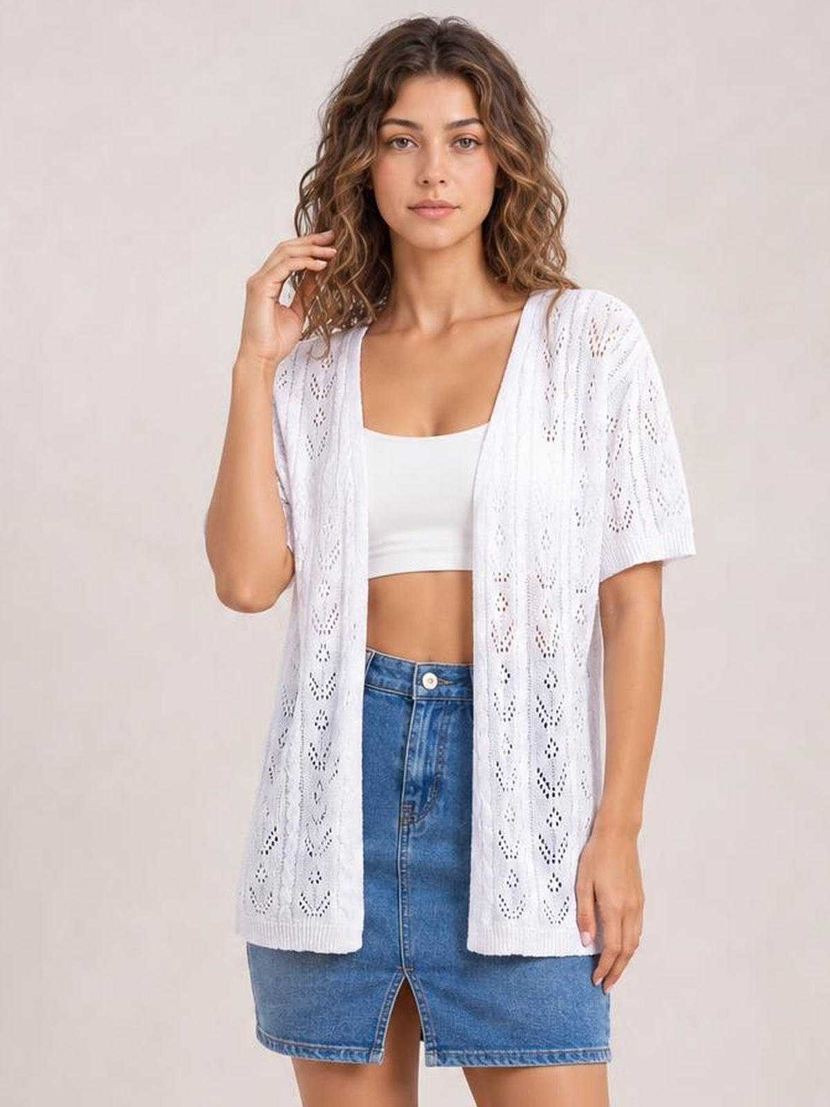 Openwork Open Front Half Sleeve Cardigan · Rule Full Body - Medium / Three-Quarter