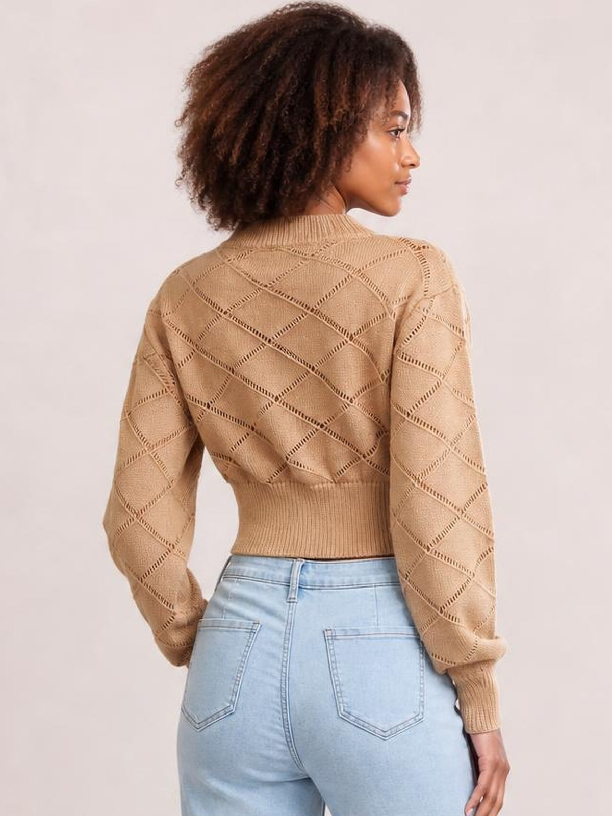 Model shown from behind wearing a tan openwork plaid cropped sweater with a round neckline, long sleeves, ribbed cuffs, and a fitted ribbed hem.