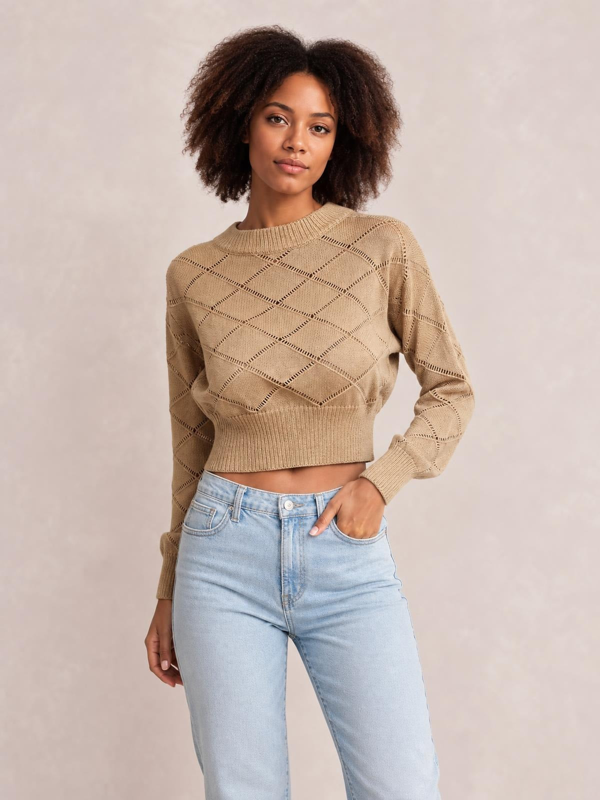 Model poses with one hand in her pocket wearing a beige openwork plaid cropped sweater with a ribbed round neck, long sleeves, and fitted silhouette.