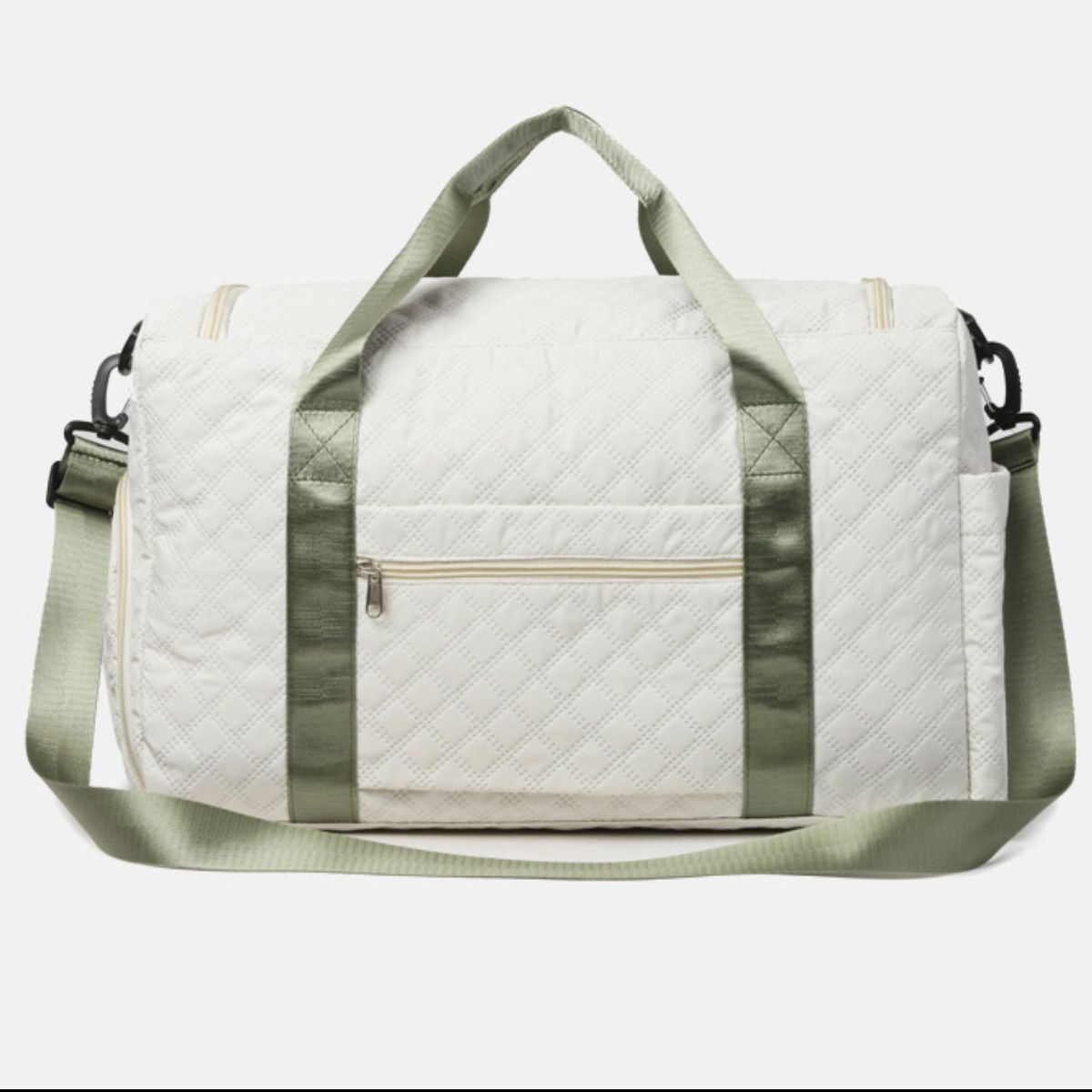 Oversize white Oxford cloth travel bag with a quilted finish, roomy duffel silhouette, multiple zip pockets, sturdy top handles, and a long shoulder strap.