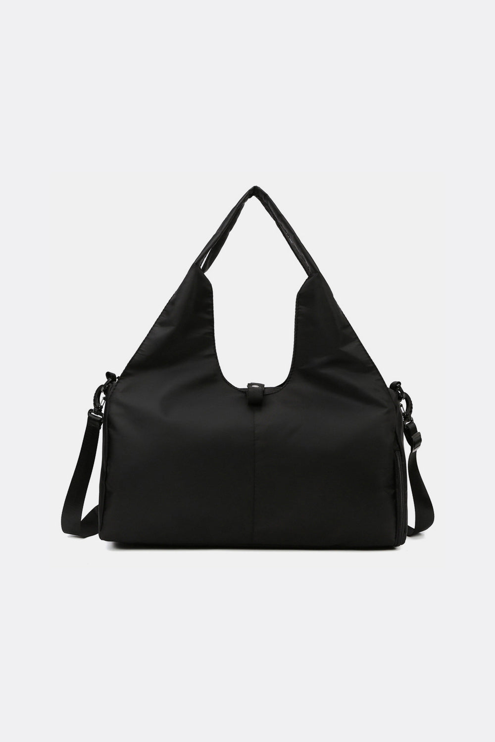Large black Oxford cloth waterproof travel bag with a softly structured wide silhouette, dual top handles, and an adjustable shoulder strap.