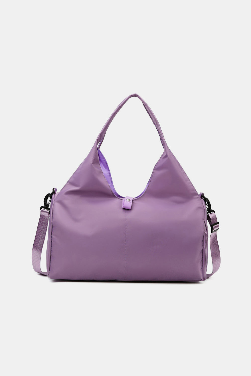 Large lavender Oxford cloth waterproof travel bag with a softly structured silhouette, generous top handles, and an adjustable shoulder strap.