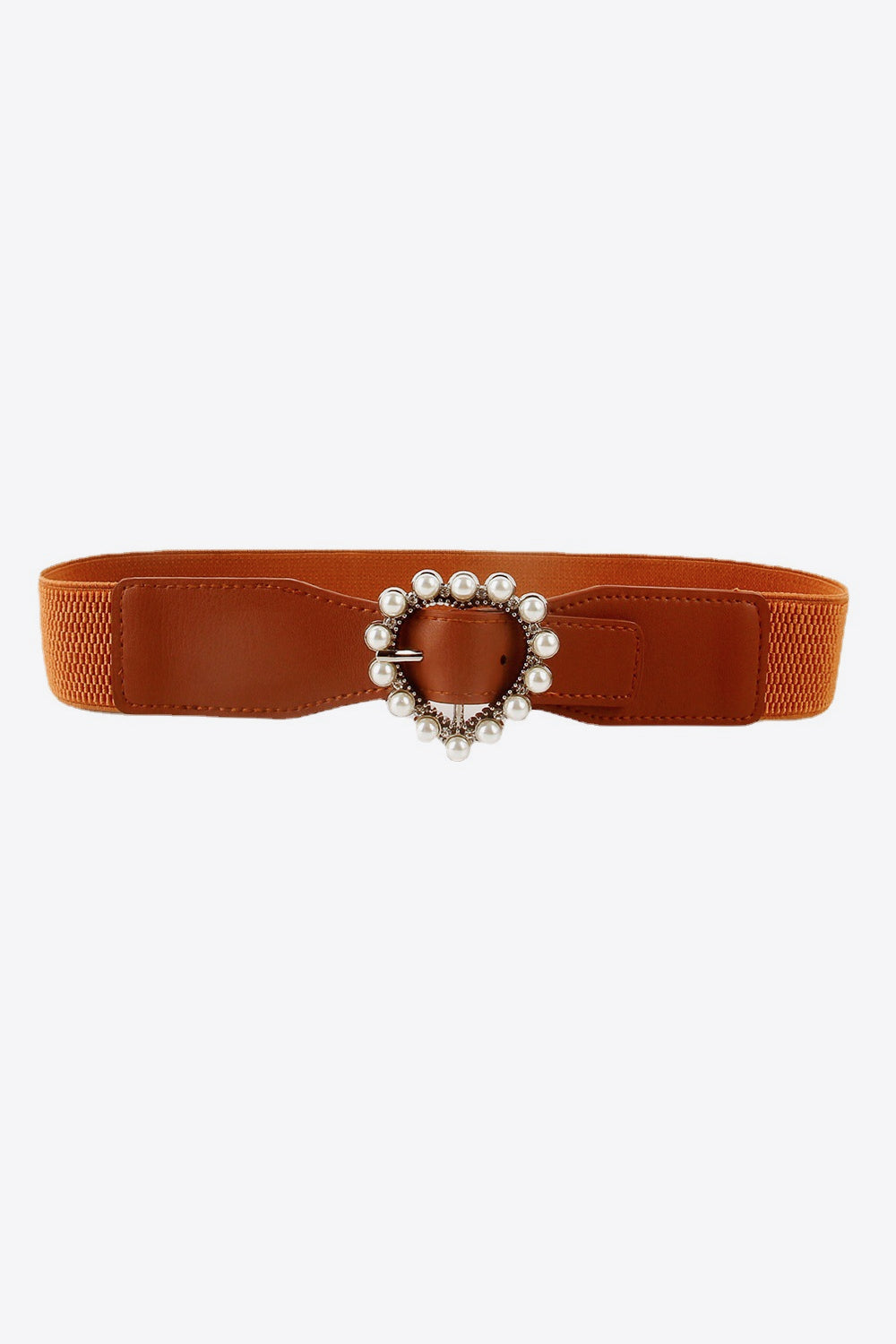 Brown elastic belt with stitched PU detailing and a softly rounded heart-shaped buckle framed by pearl-like accents for a romantic finish.