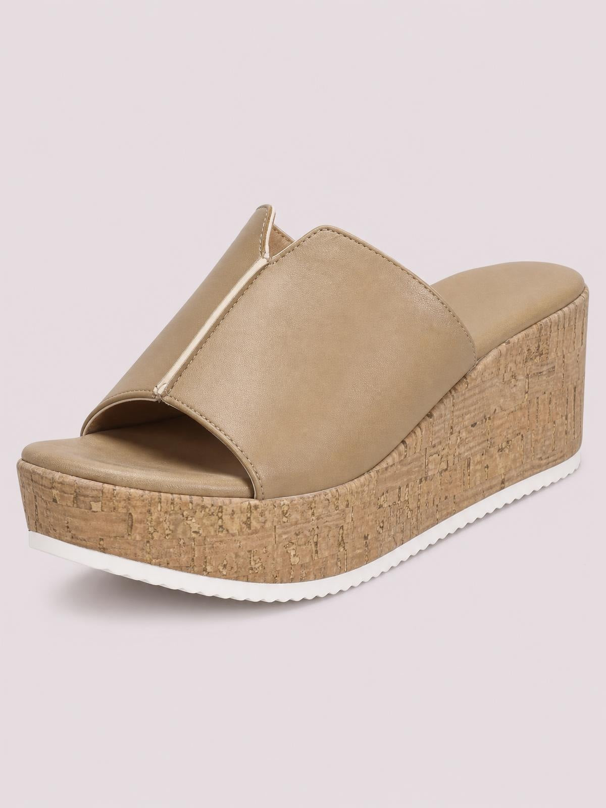 Taupe peep-toe high heel sandal with a wide stitched PU upper, chunky cork-look wedge platform, and white rubber sole.