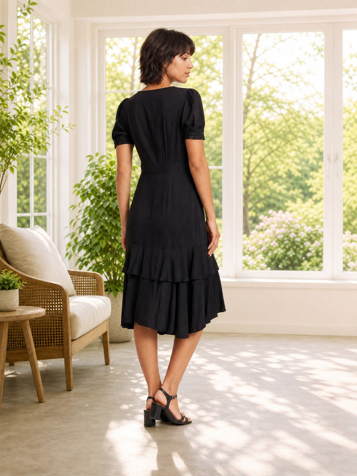 Model shown from behind in a black dress with short sleeves, a defined waist, A-line silhouette, and layered ruffle knee-length hem, posing with crossed legs.