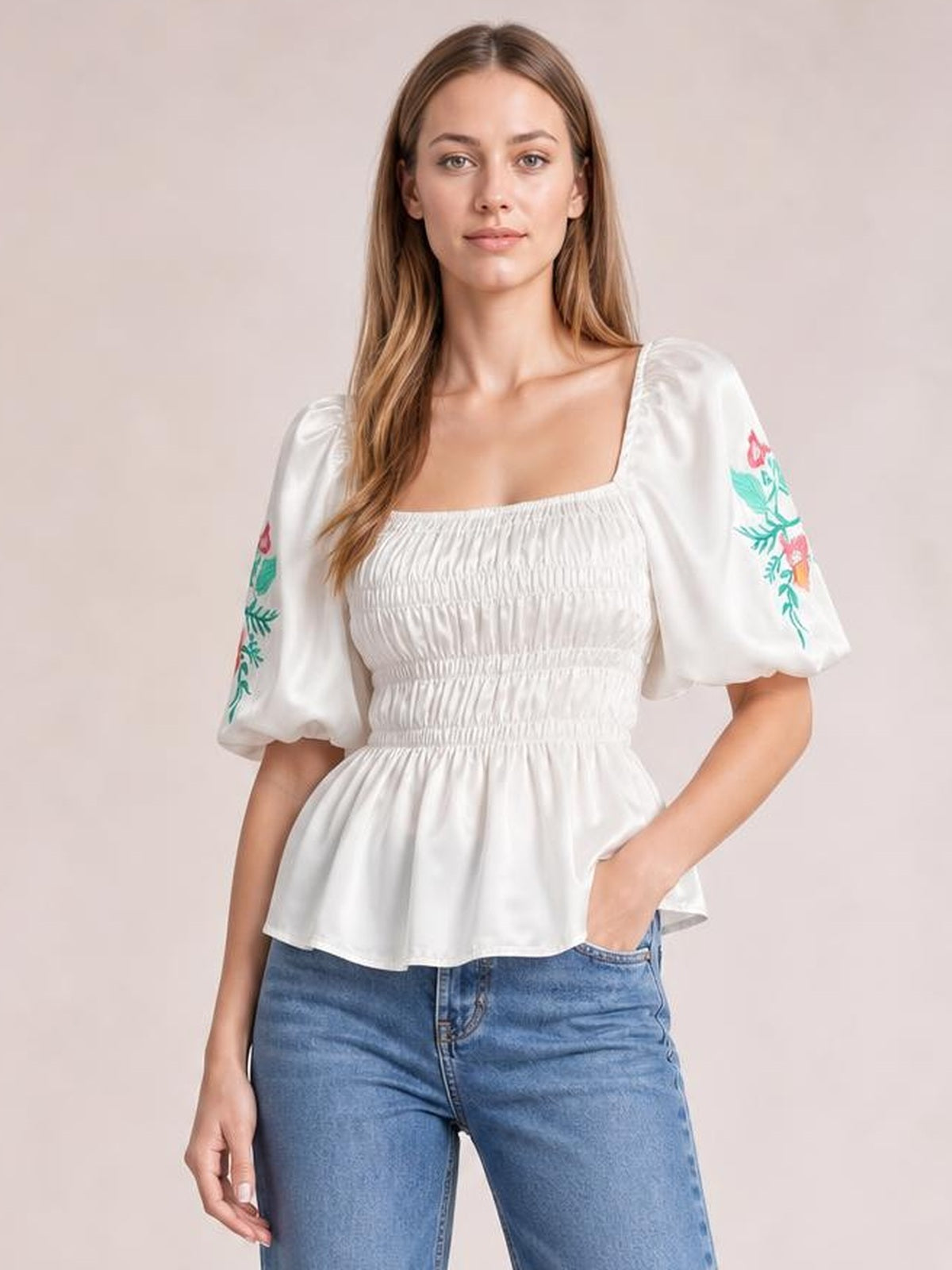Embroidered Smocked Square Neck Half Sleeve Blouse · Rule Full Body - Hero Full Body