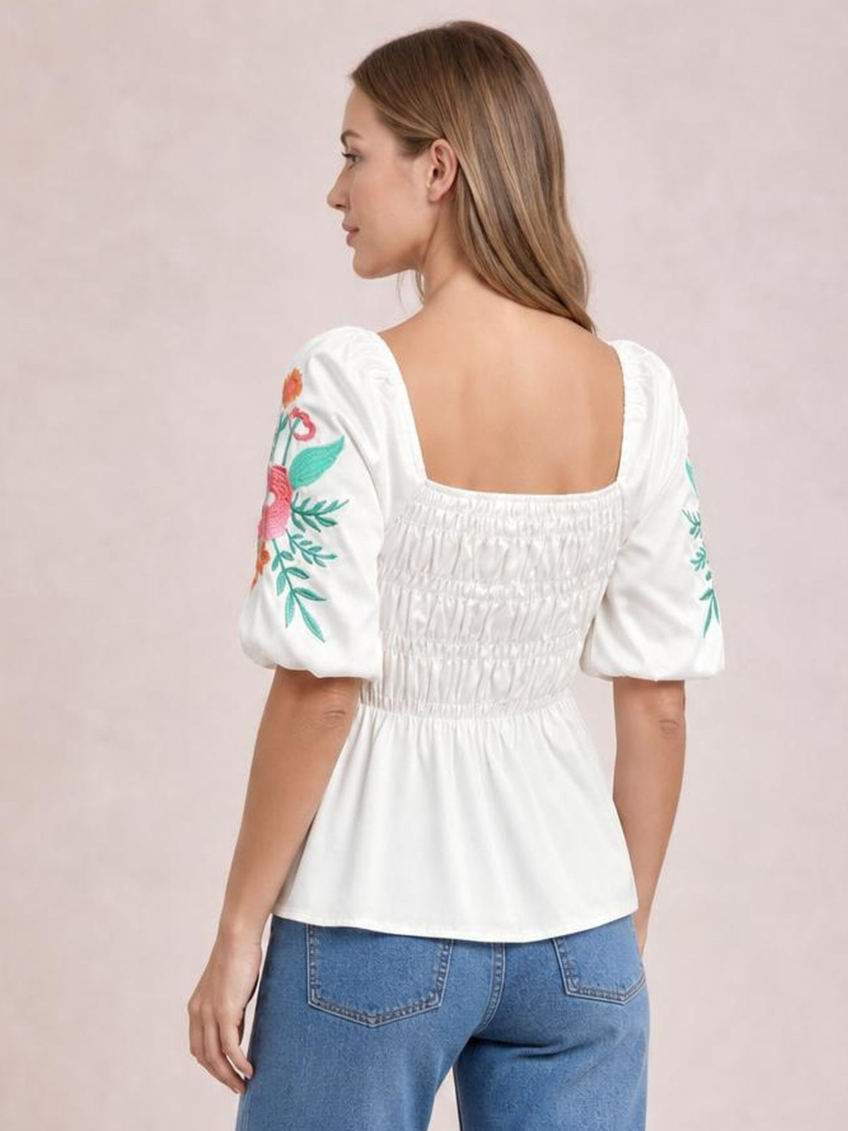 Embroidered Smocked Square Neck Half Sleeve Blouse · Rule Full Body - Back View · Full / Three-Quarter