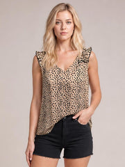 Model wears a tan leopard-print sleeveless tank with a V-neck, ruffled shoulder trim, and a relaxed regular-length silhouette.