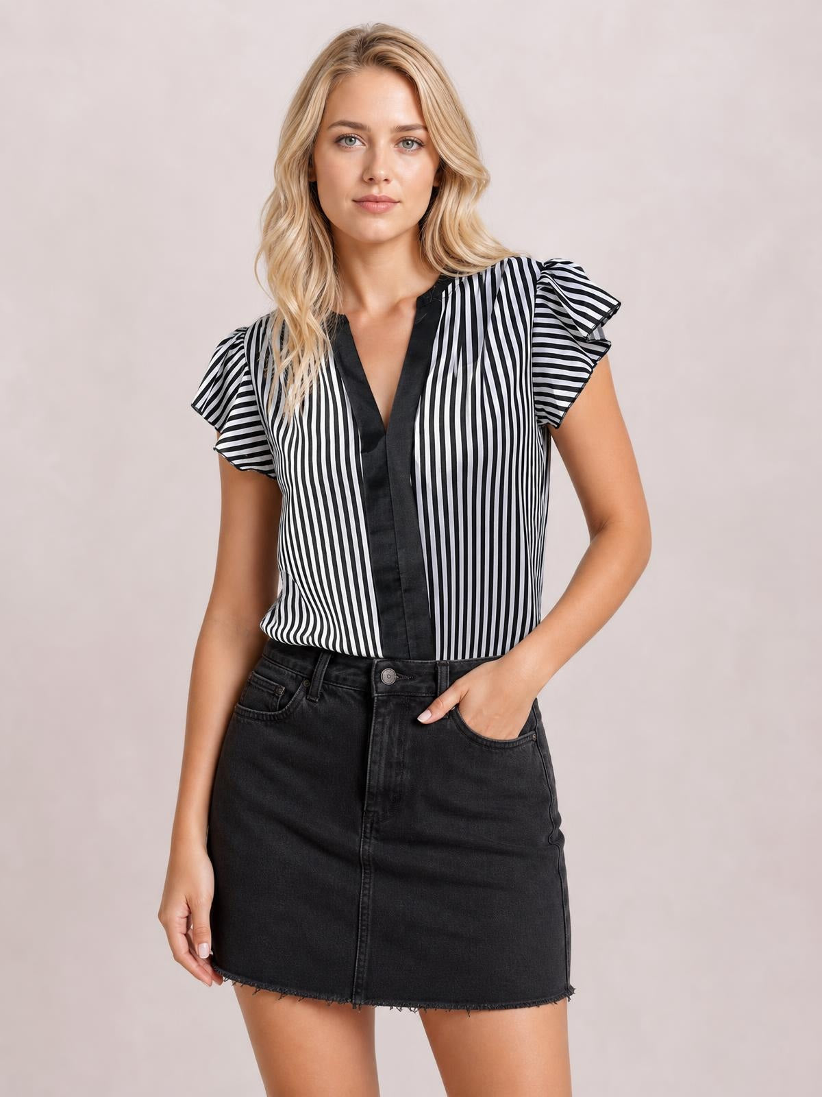 Model wearing a black-and-white striped blouse with ruffled cap sleeves, a notched neckline, contrasting trim, and a relaxed straight silhouette.