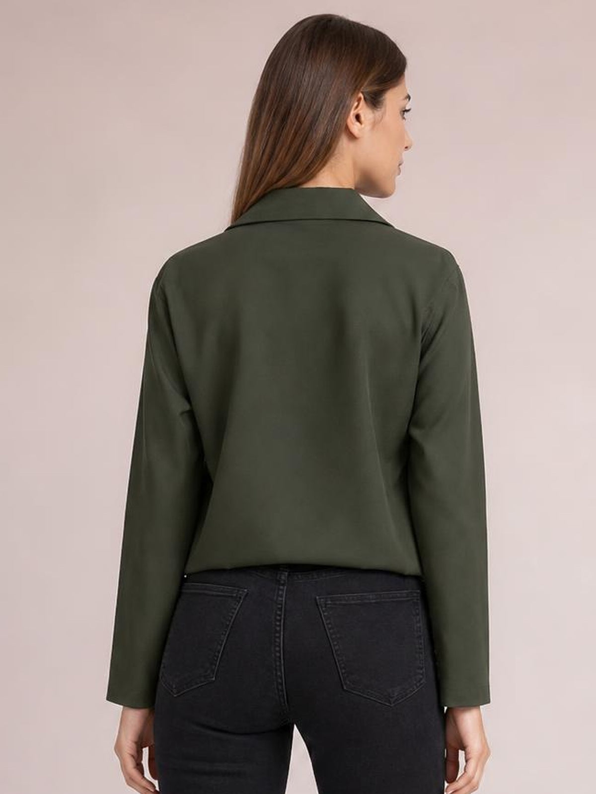 A model shown from behind wears an olive green long-sleeve button-down shirt with a structured collar and relaxed straight silhouette.