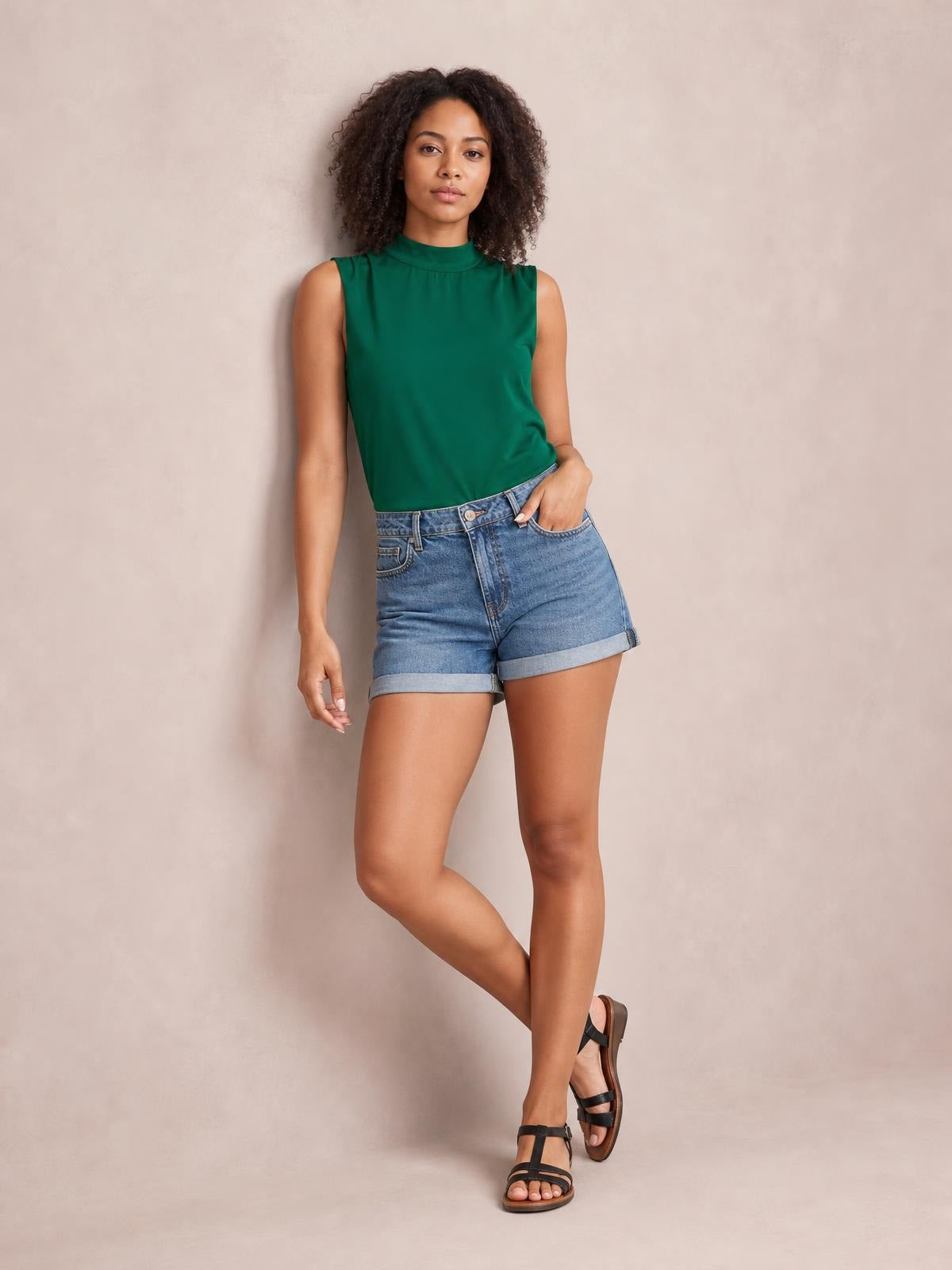A model wears a solid green sleeveless mock neck blouse with a relaxed regular silhouette, standing with one hand in her shorts pocket and legs crossed.