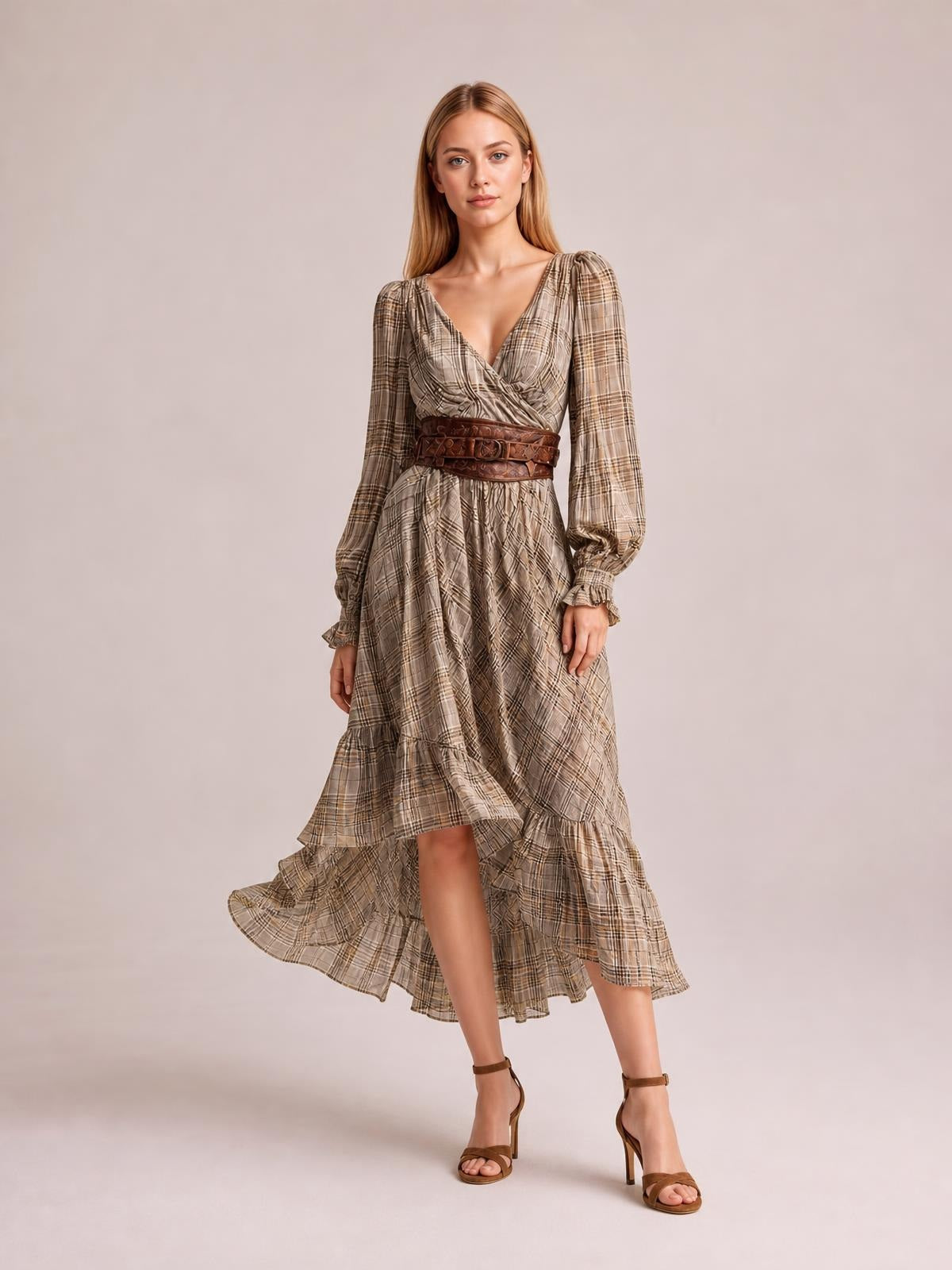 Model wears a taupe plaid high-low long sleeve dress with a ruched wrap bodice, ruffled tiered skirt, and flowing asymmetric hem.