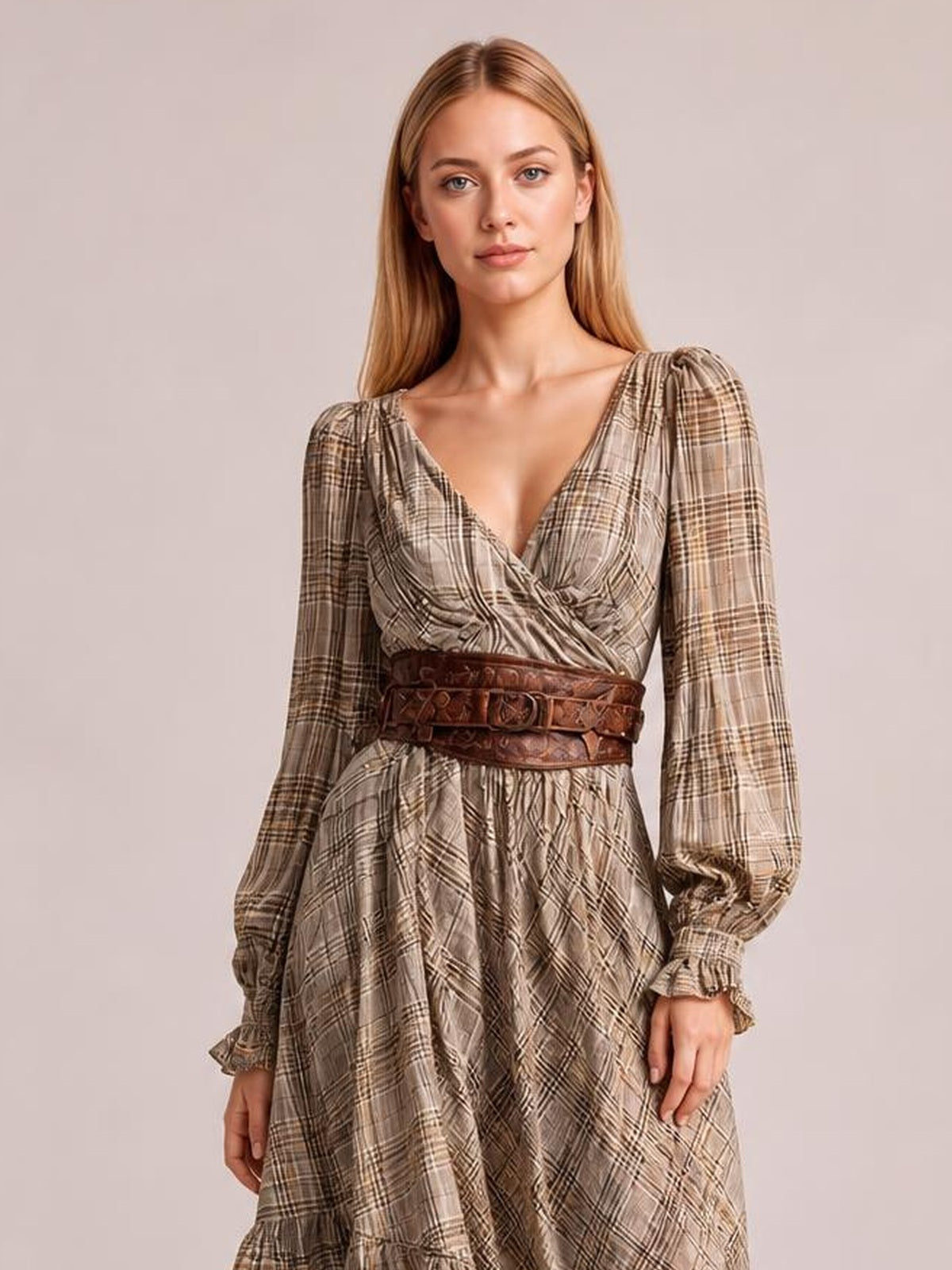 A model stands in a taupe-and-brown plaid long-sleeve dress with a ruched V-neck bodice, defined waist, flowing skirt, and ruffled cuffs.