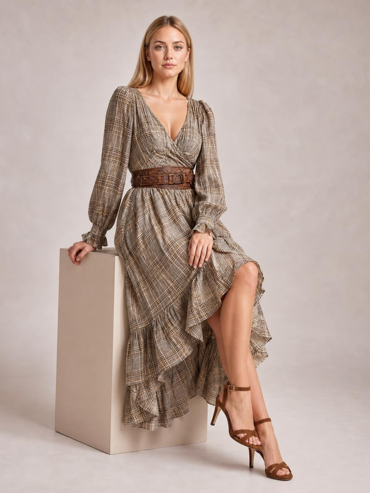 Model seated in a taupe plaid high-low dress with long puff sleeves, a surplice neckline, defined waist, and layered ruffled hem.