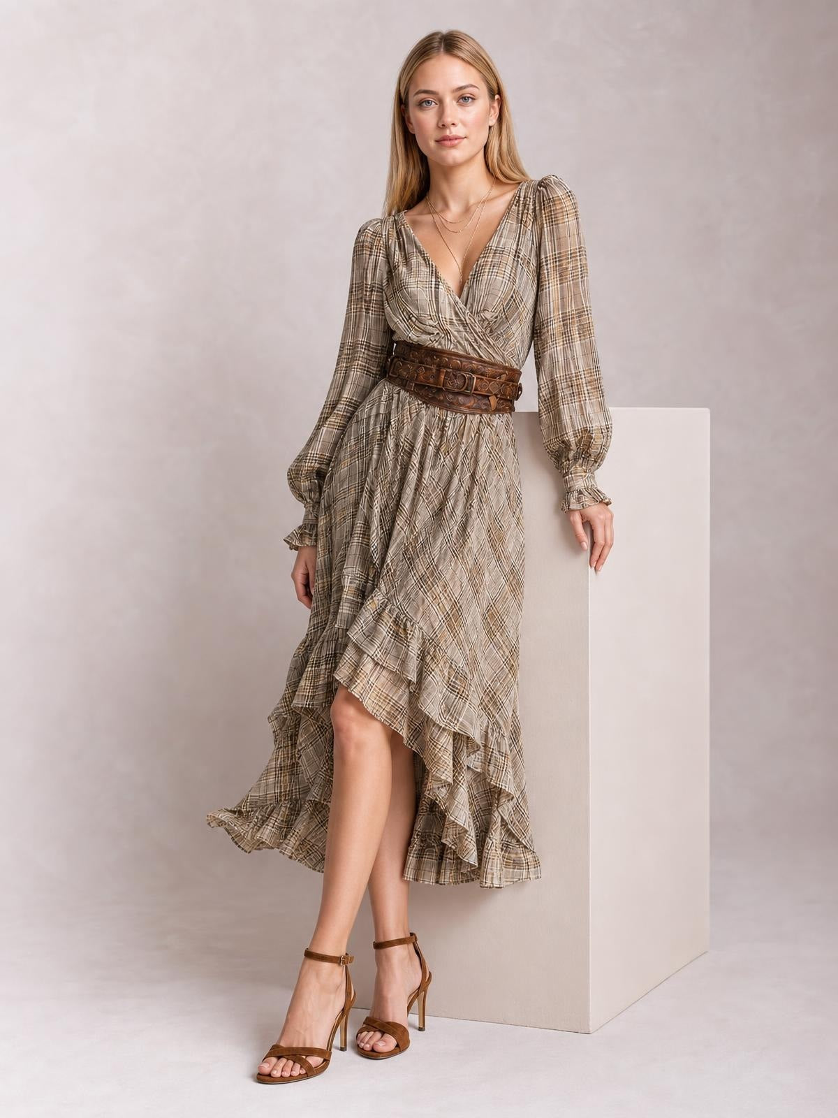 A model poses beside a pedestal in a taupe plaid high-low dress with long sleeves, a flowing ruffled hem, and a softly draped silhouette.