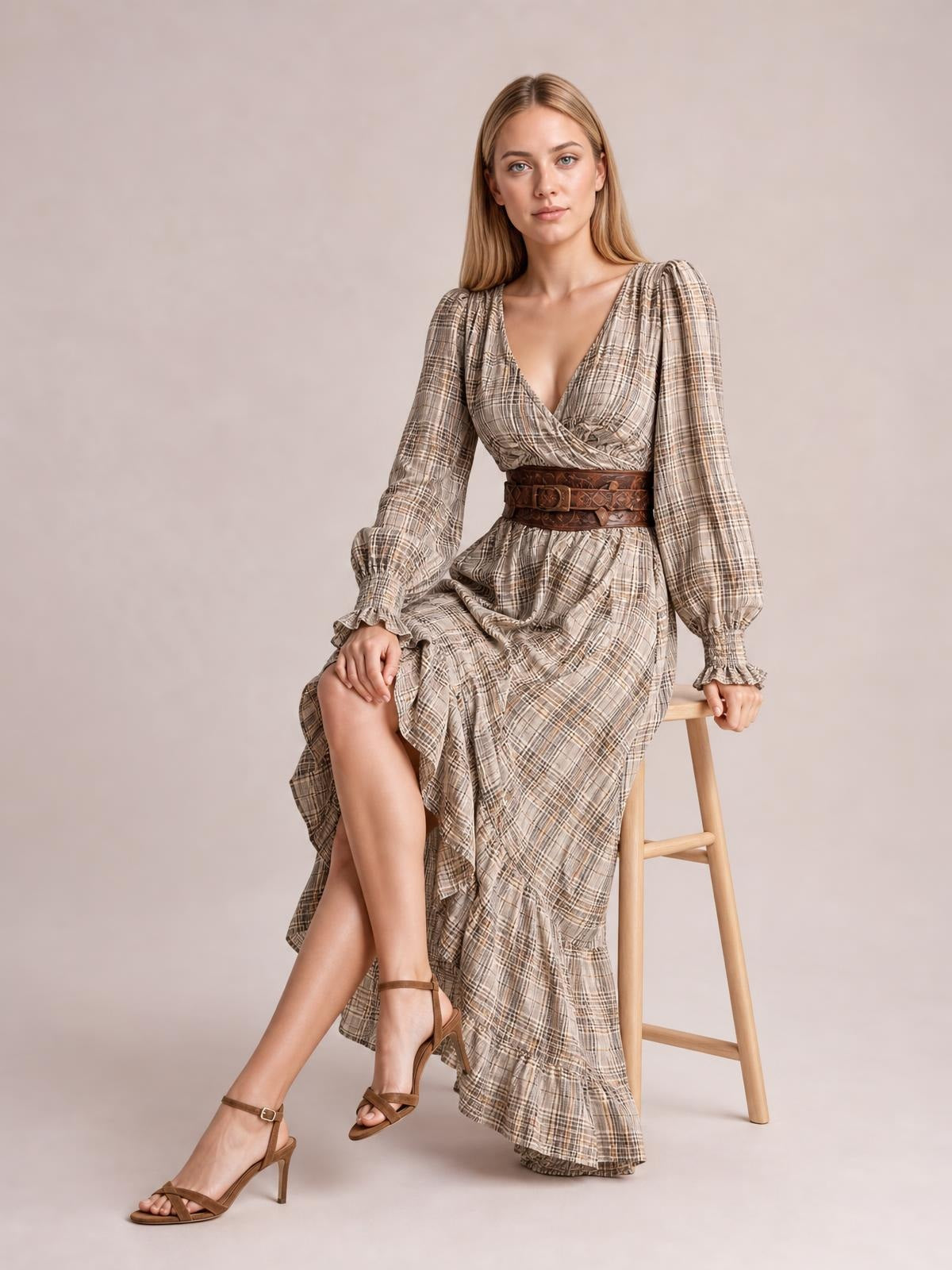 A seated model wears a taupe plaid high-low dress with long sleeves, a V-neckline, gathered shoulders, ruffled cuffs, and a flowing silhouette.