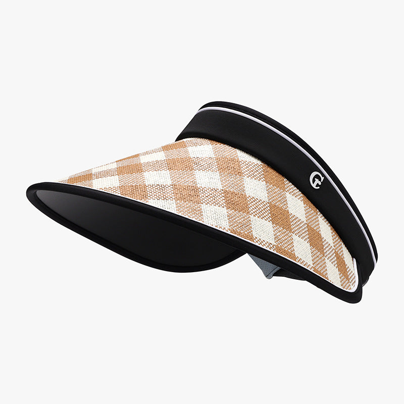 Plaid natural grass adjustable sun hat with a structured visor silhouette, broad gently curved brim, and contrasting black crown trim.