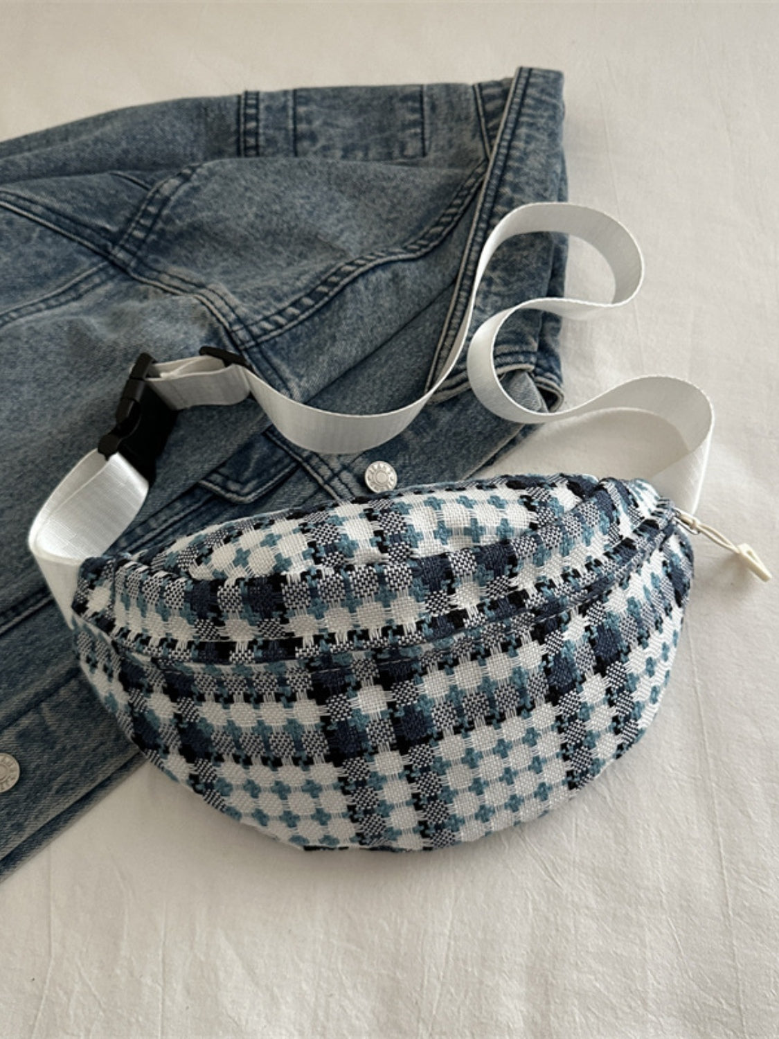 Plaid Wide Strap Crossbody Bag-French Blue-OS-Soulshine Design