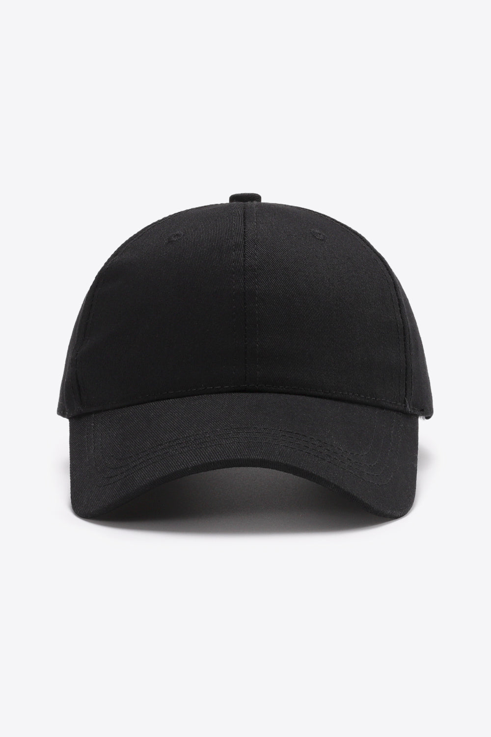 Black plain cotton baseball cap with a structured six-panel-inspired crown, tonal stitching, ventilation eyelets, and a gently curved brim.