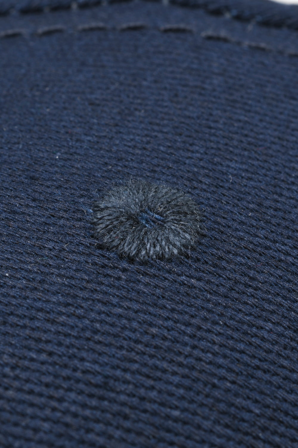 Close-up of a solid dark navy cotton baseball cap showing its textured fabric and raised top button detail.