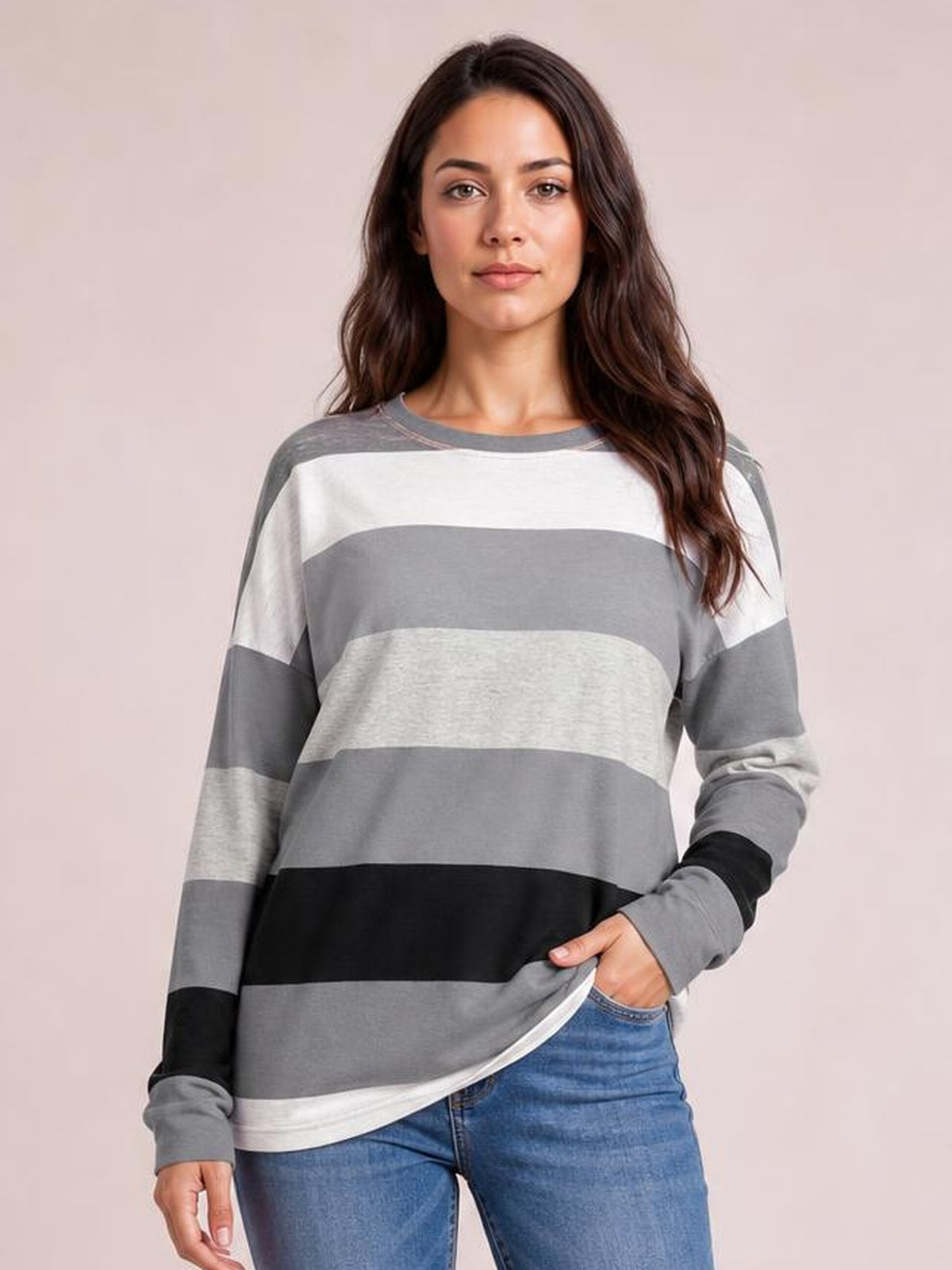 Striped Slit Long Sleeve T-Shirt · Hero Full Body