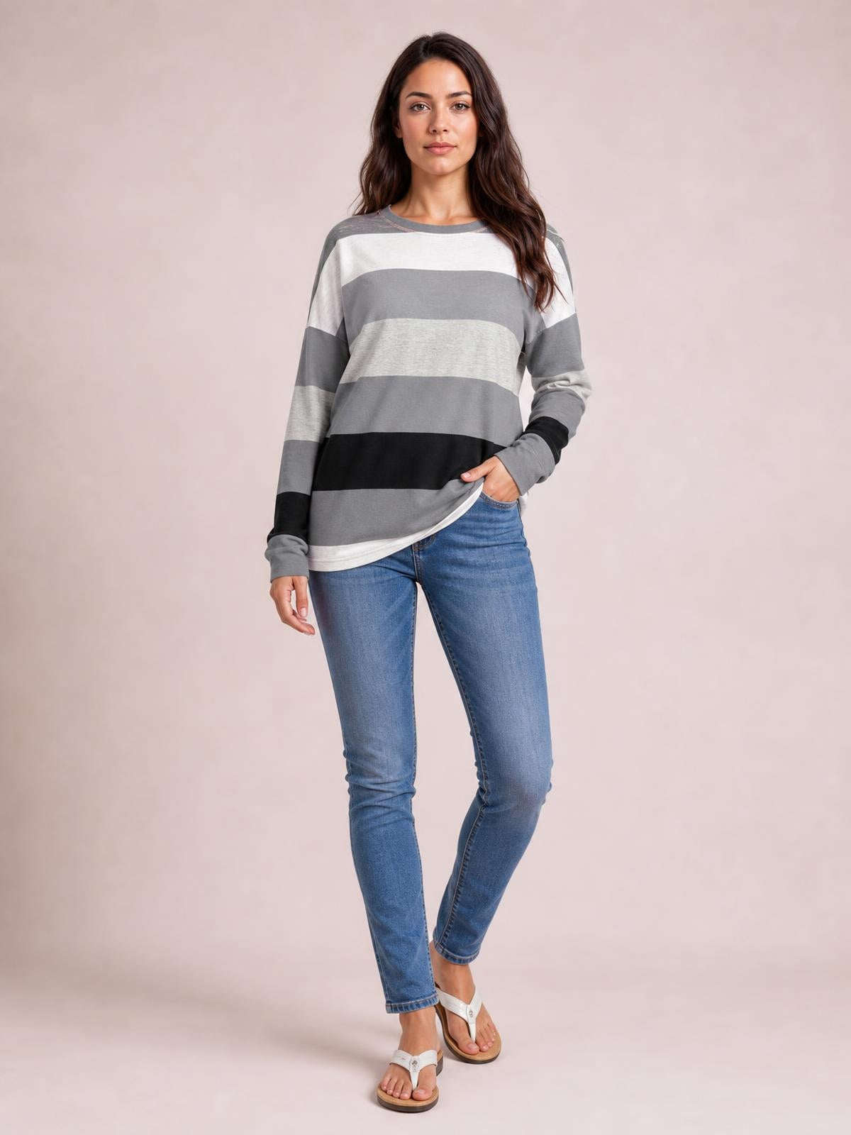 Striped Slit Long Sleeve T-Shirt · Hero Full Body