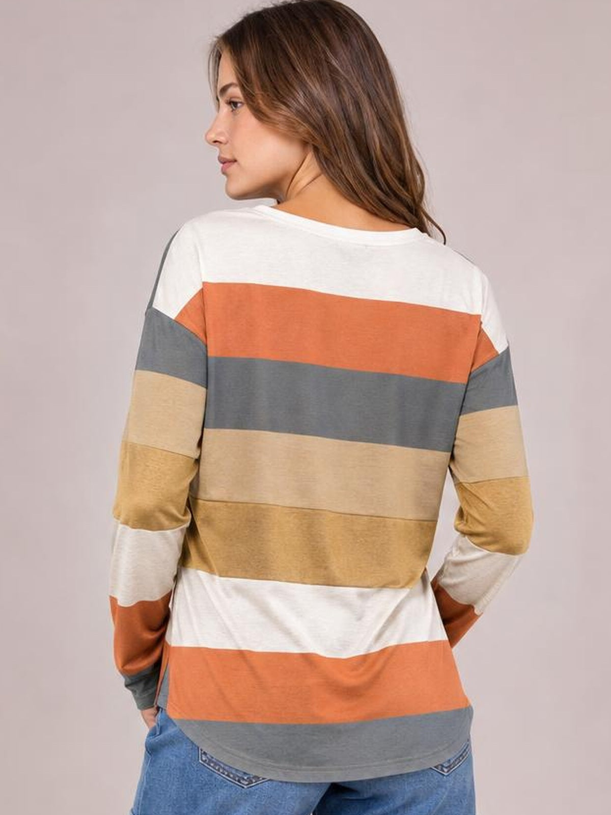 Striped Slit Long Sleeve T-Shirt · Back View