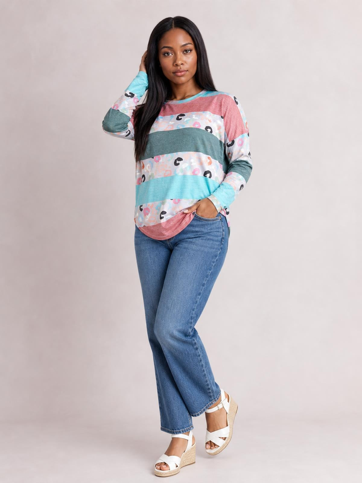 Striped Slit Long Sleeve T-Shirt · Medium / Three-Quarter
