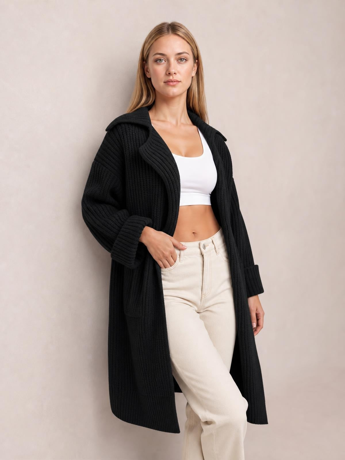 Pocketed Collared Neck Dropped Shoulder Cardigan · Rule Crop - Torso / Waist Up - Studio Prop Pose