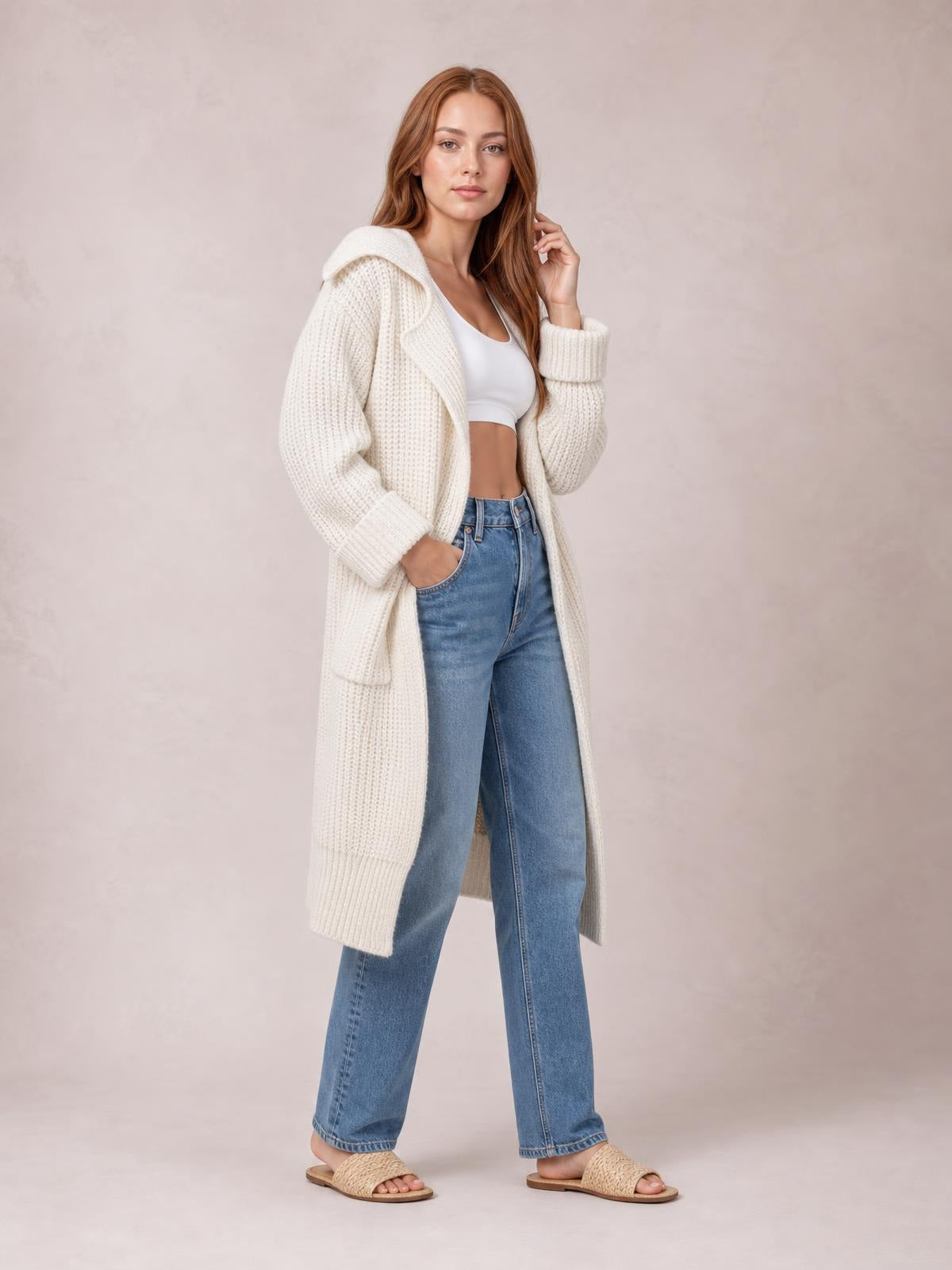 Model poses in a cream long cardigan with a collared neckline, dropped shoulders, ribbed cuffs, patch pockets, and an open front over a white top.