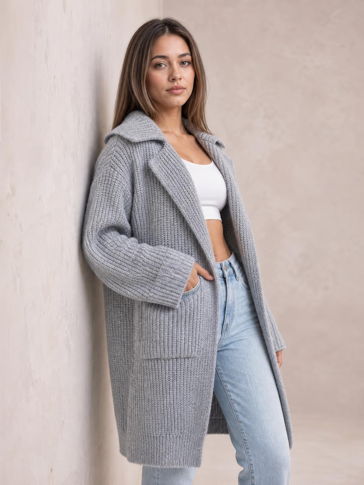 Pocketed Collared Neck Dropped Shoulder Cardigan · Rule Crop - Torso / Waist Up - Studio Prop Pose