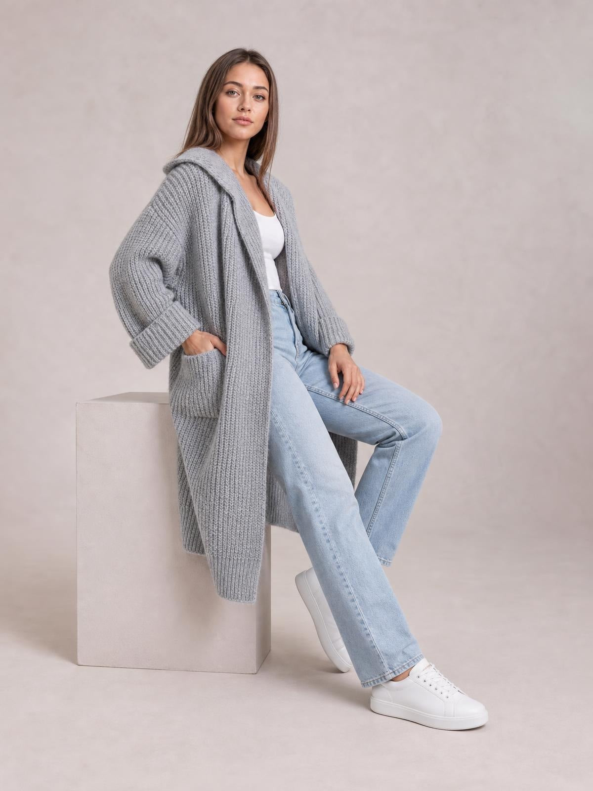 Pocketed Collared Neck Dropped Shoulder Cardigan · Rule Full Body - Side / Three-Quarter