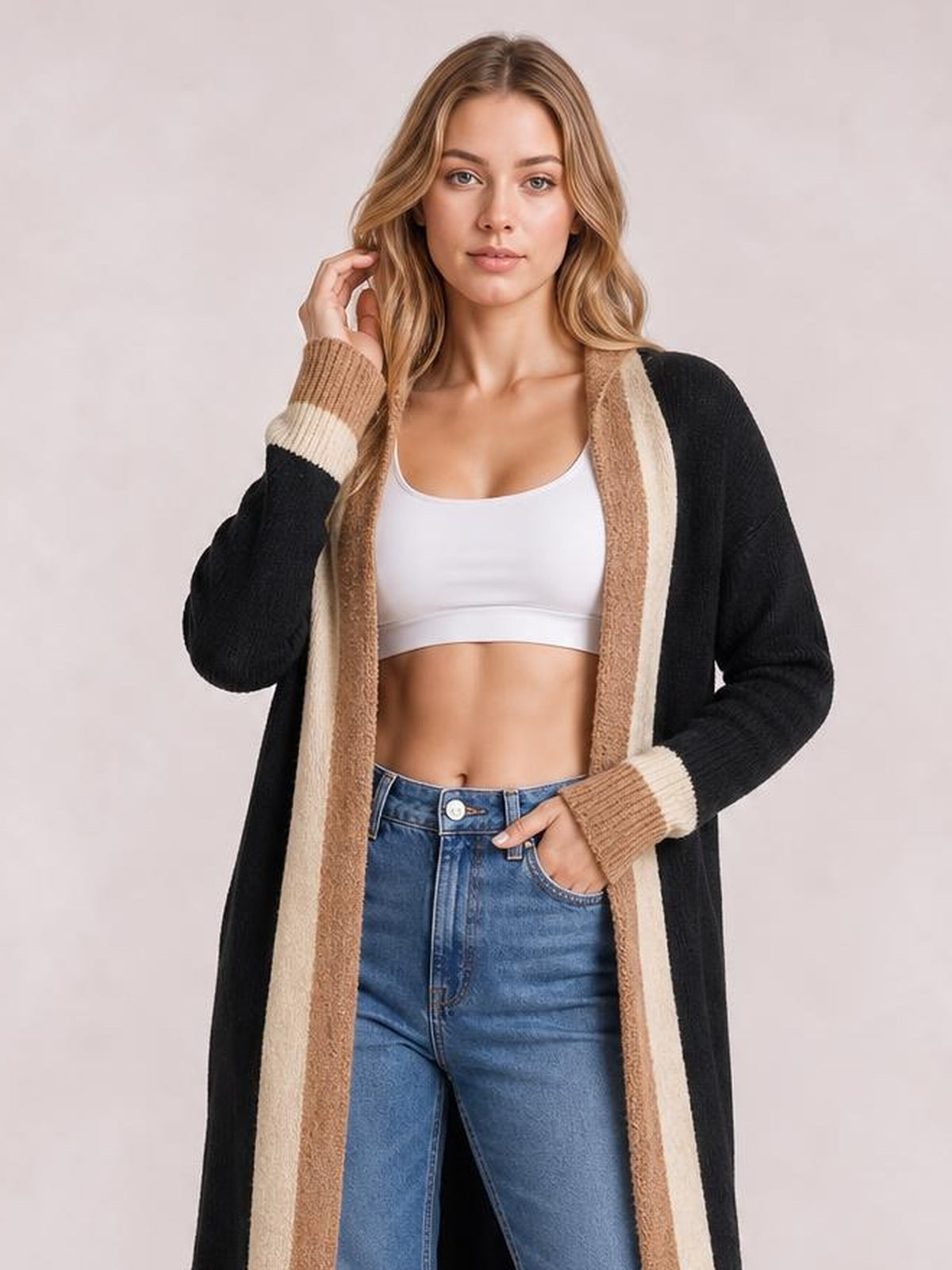 Pocketed Contrast Long Sleeve Hooded Cardigan · Rule Full Body - Medium / Three-Quarter