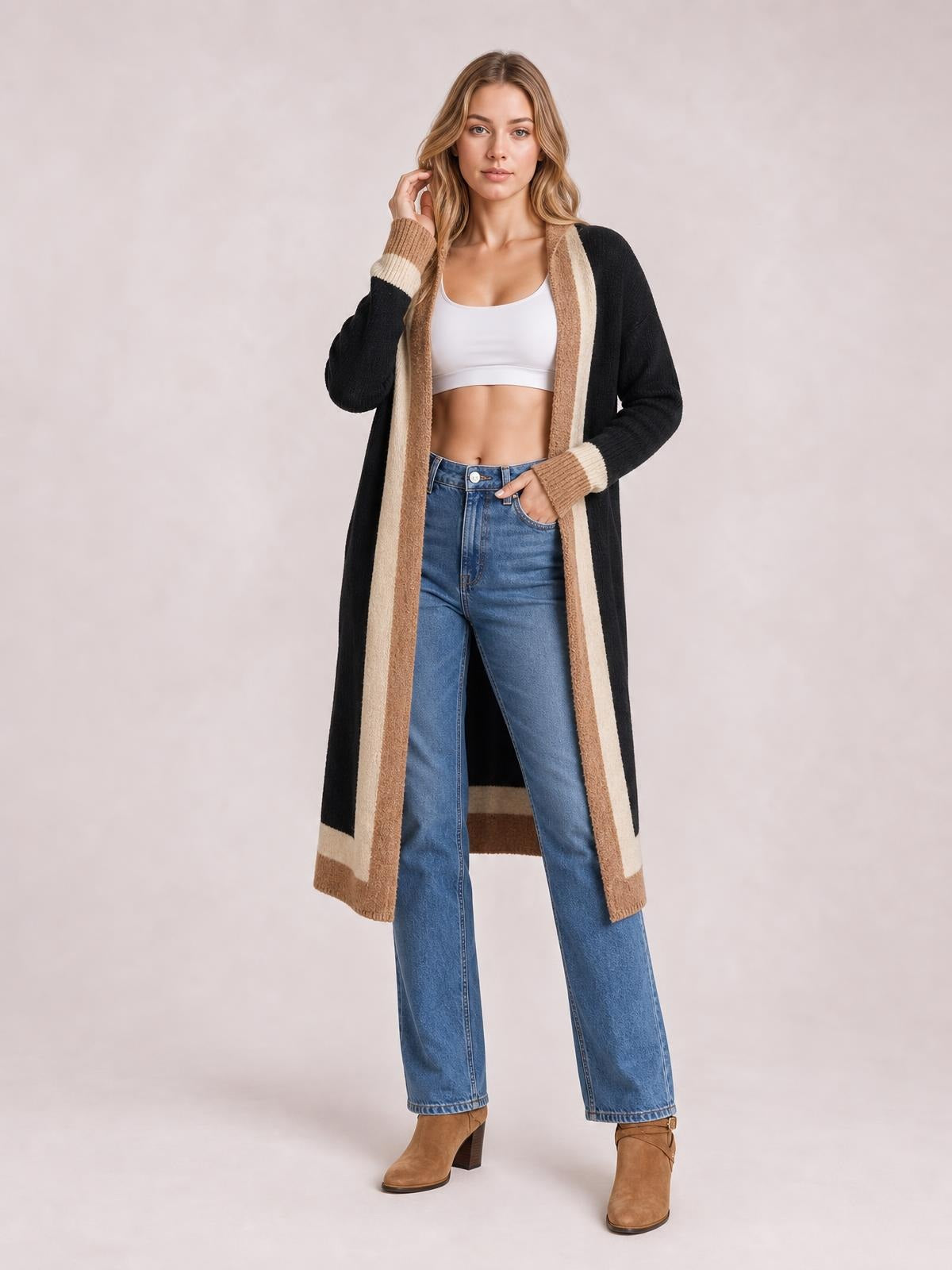 Pocketed Contrast Long Sleeve Hooded Cardigan · Rule Full Body - Medium / Three-Quarter