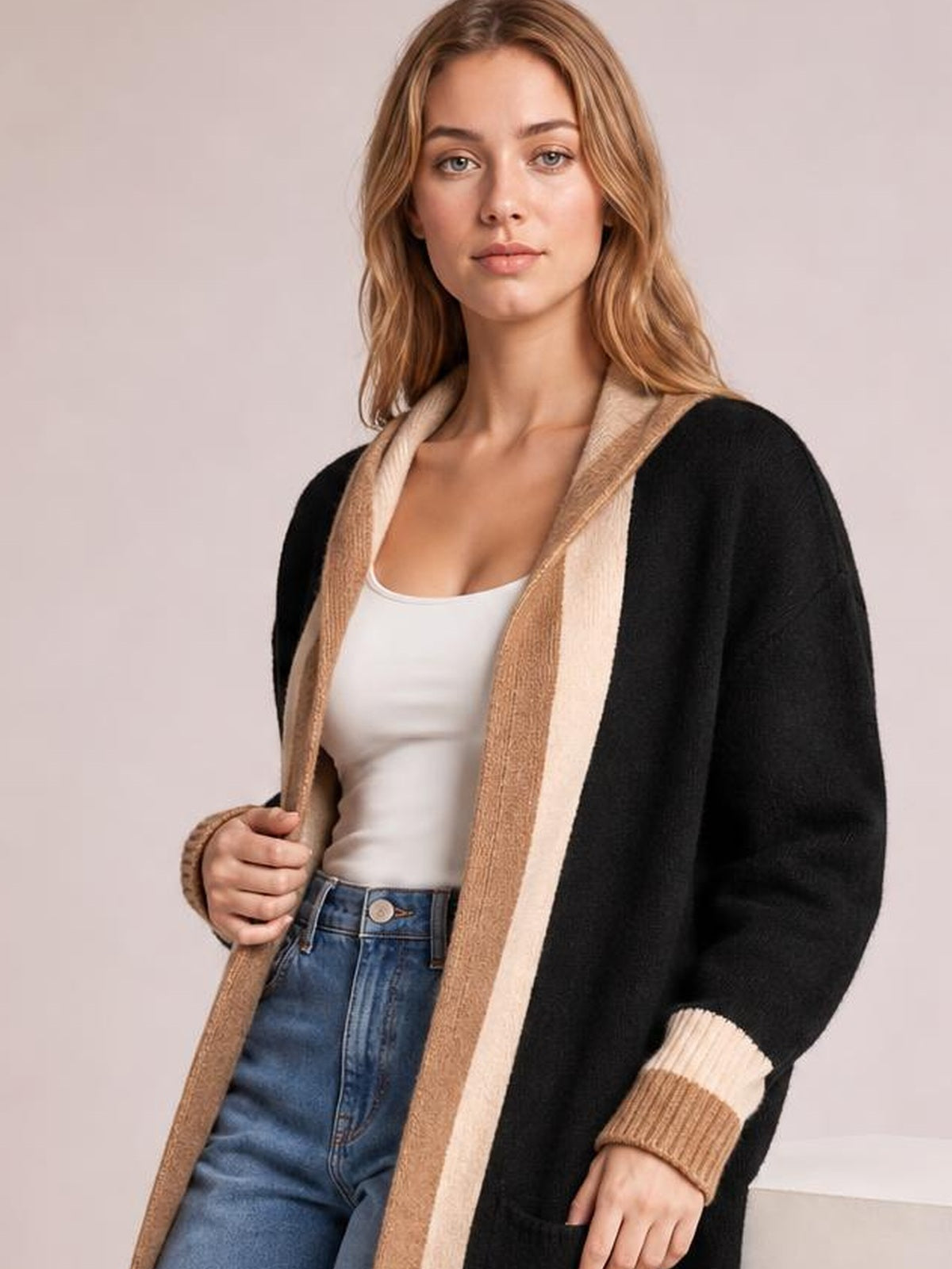 Pocketed Contrast Long Sleeve Hooded Cardigan · Rule Crop - Torso / Waist Up - Studio Prop Pose