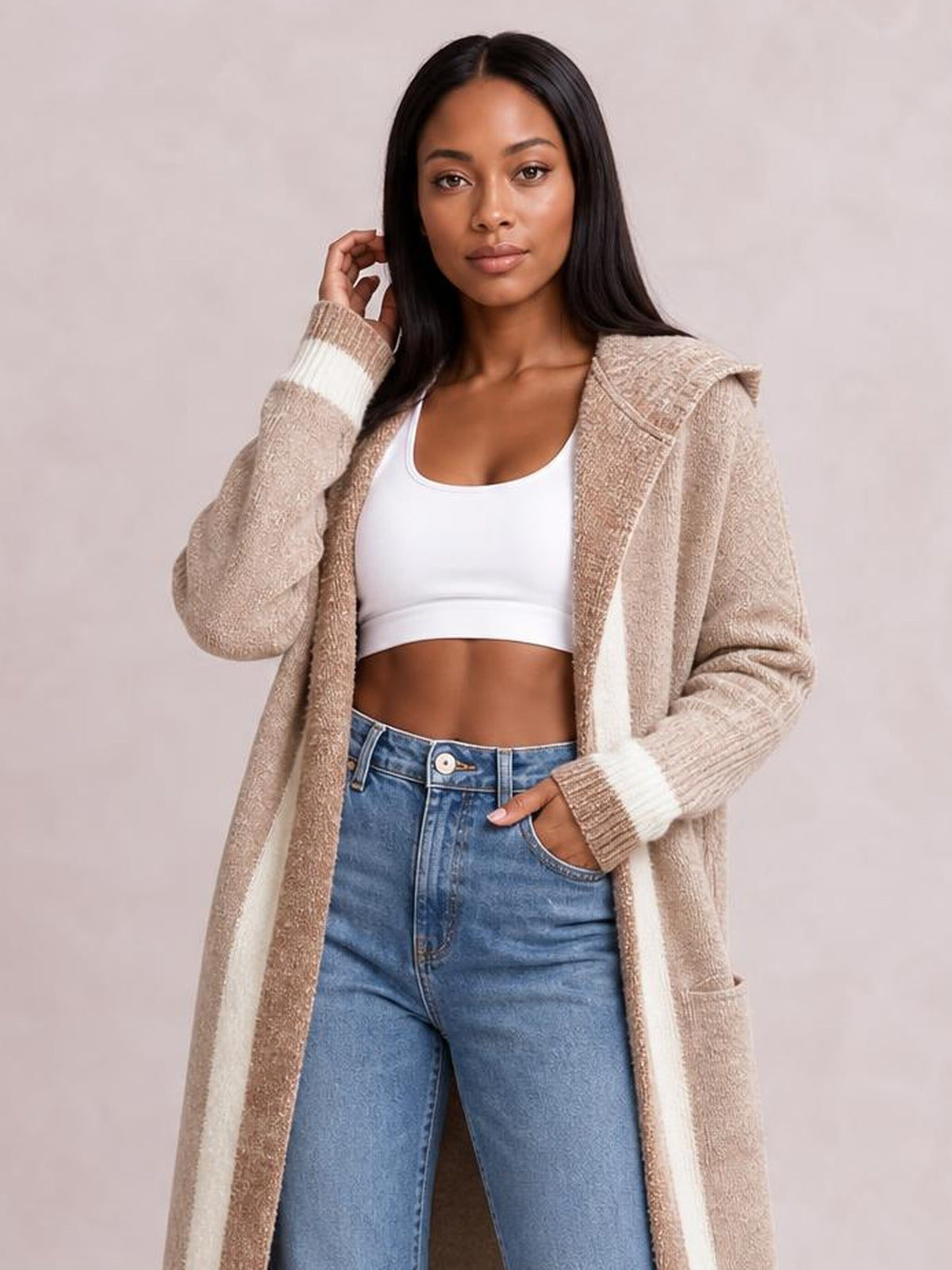 Pocketed Contrast Long Sleeve Hooded Cardigan · Rule Full Body - Medium / Three-Quarter