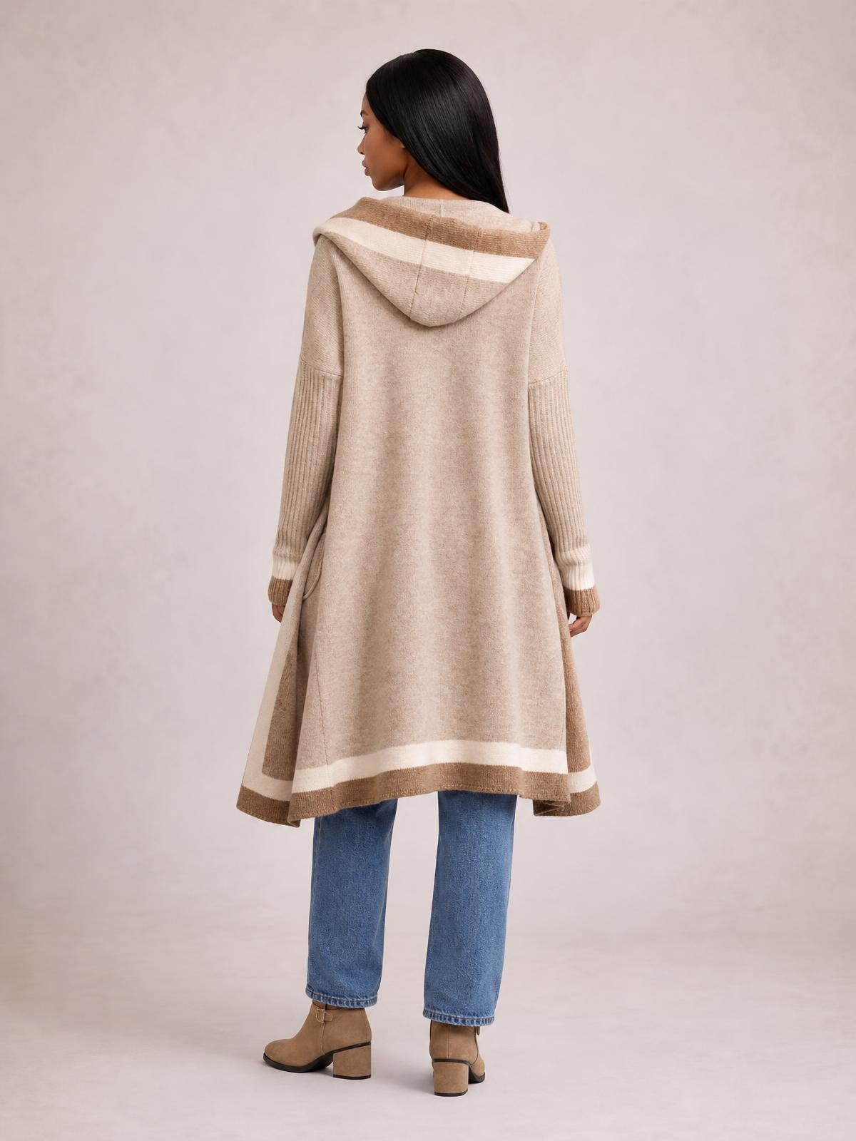 Pocketed Contrast Long Sleeve Hooded Cardigan · Rule Full Body - Back View