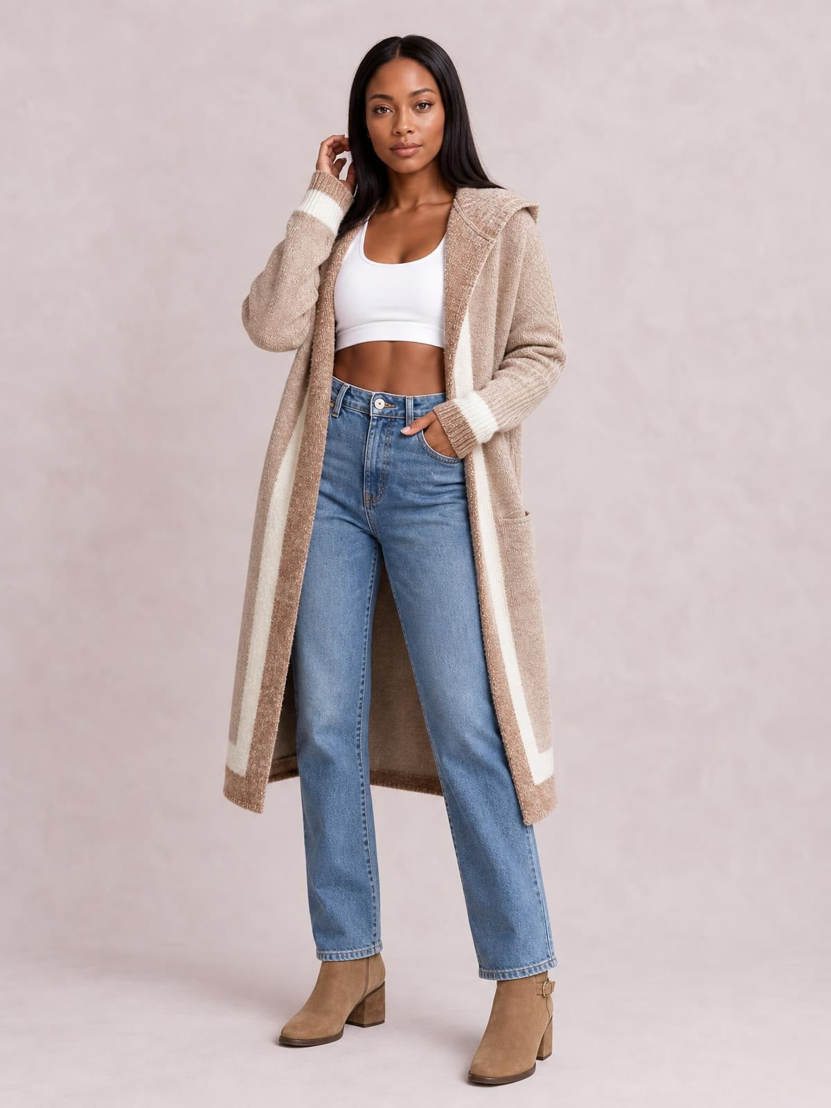 Pocketed Contrast Long Sleeve Hooded Cardigan · Rule Full Body - Medium / Three-Quarter