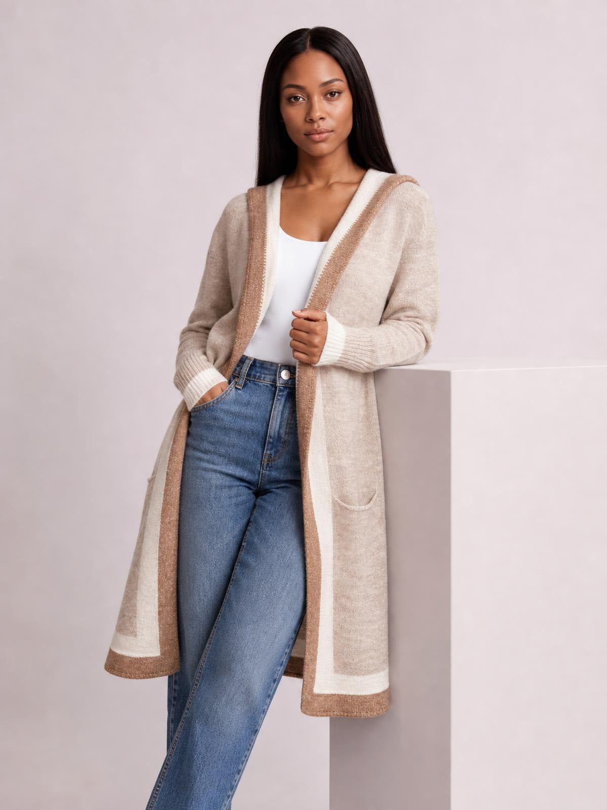 Pocketed Contrast Long Sleeve Hooded Cardigan · Rule Crop - Torso / Waist Up - Studio Prop Pose